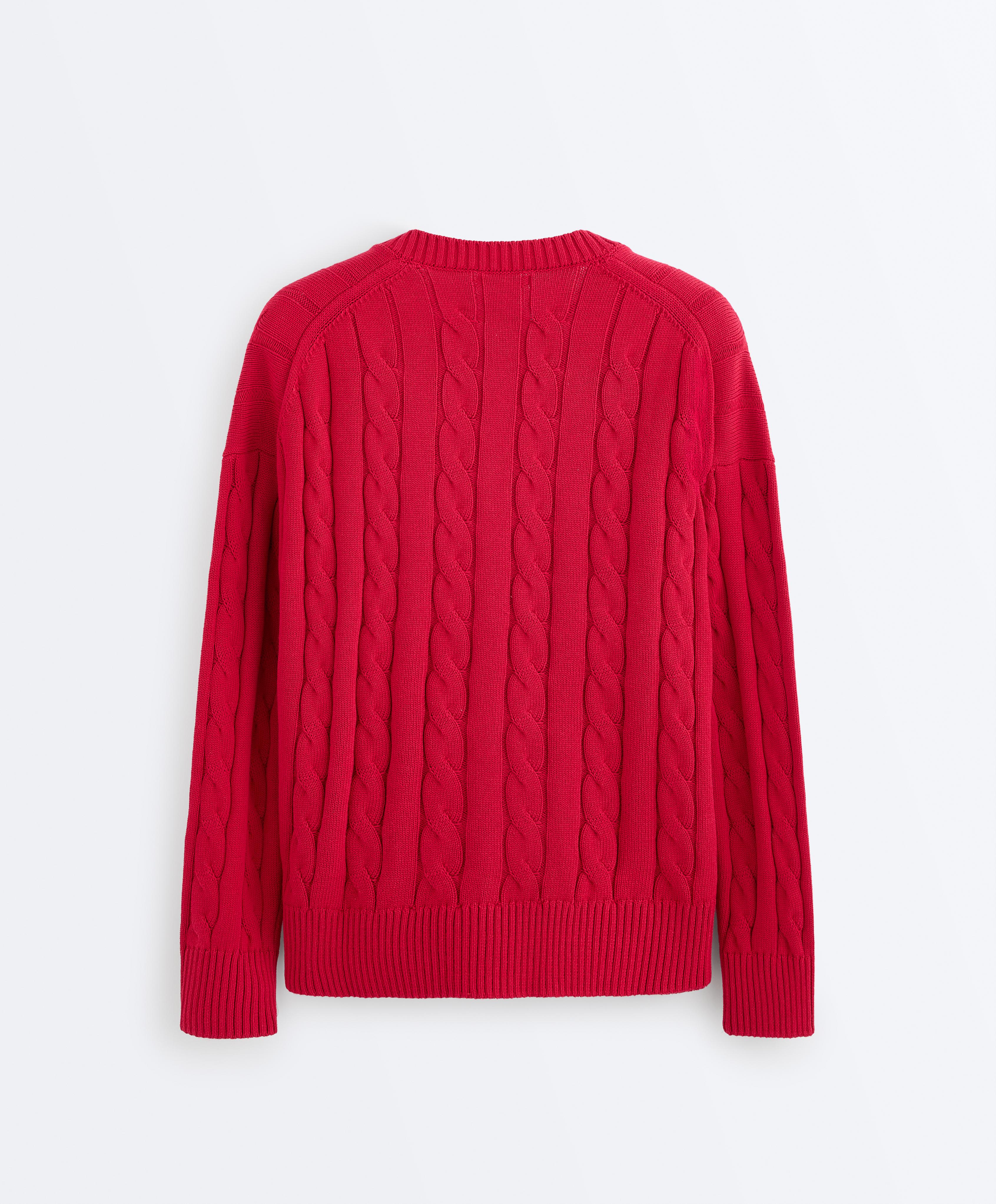 100% cotton cable knit V-neck jumper — BRIGHT RED