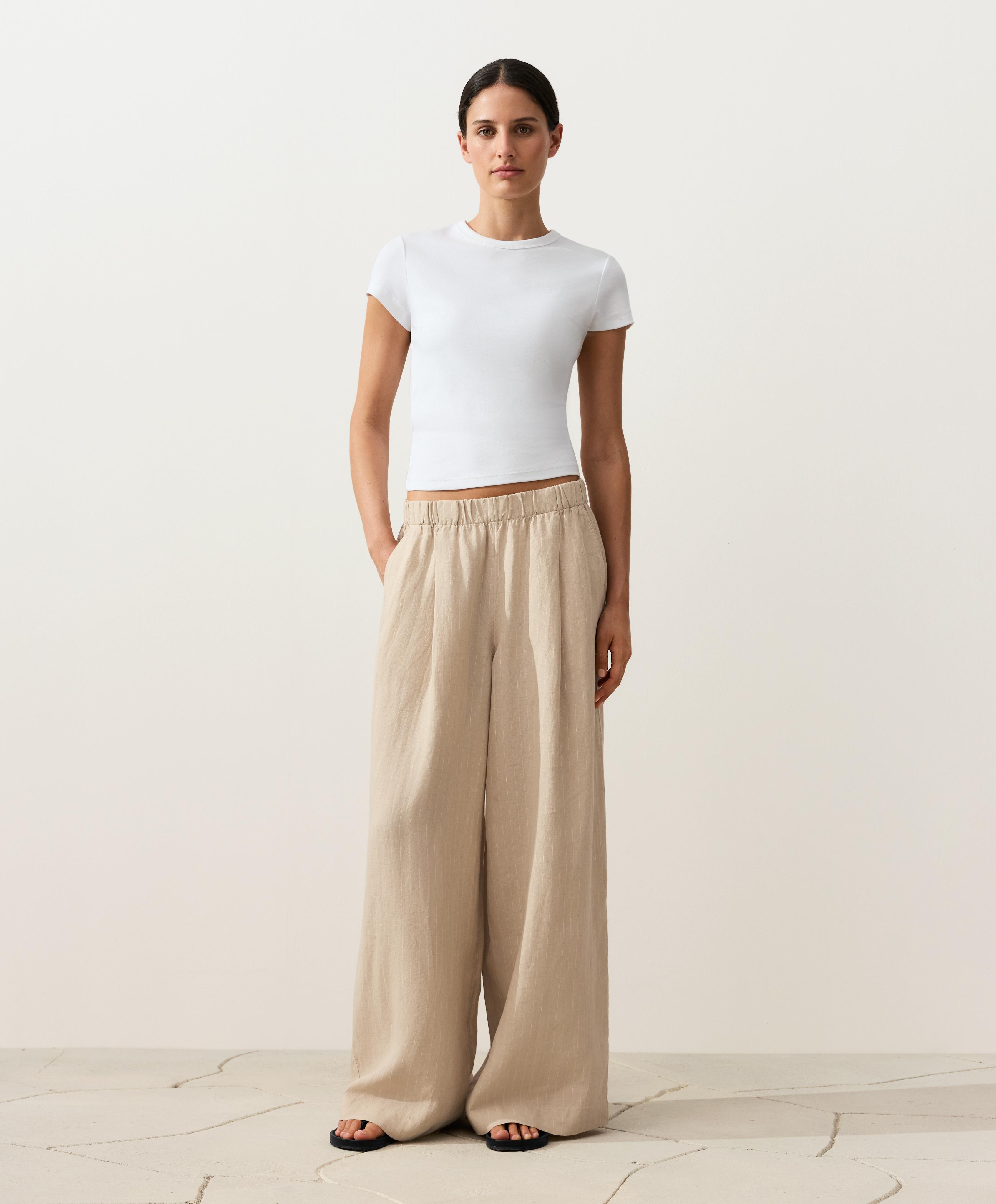 100% linen wide-leg striped trousers — SANDY