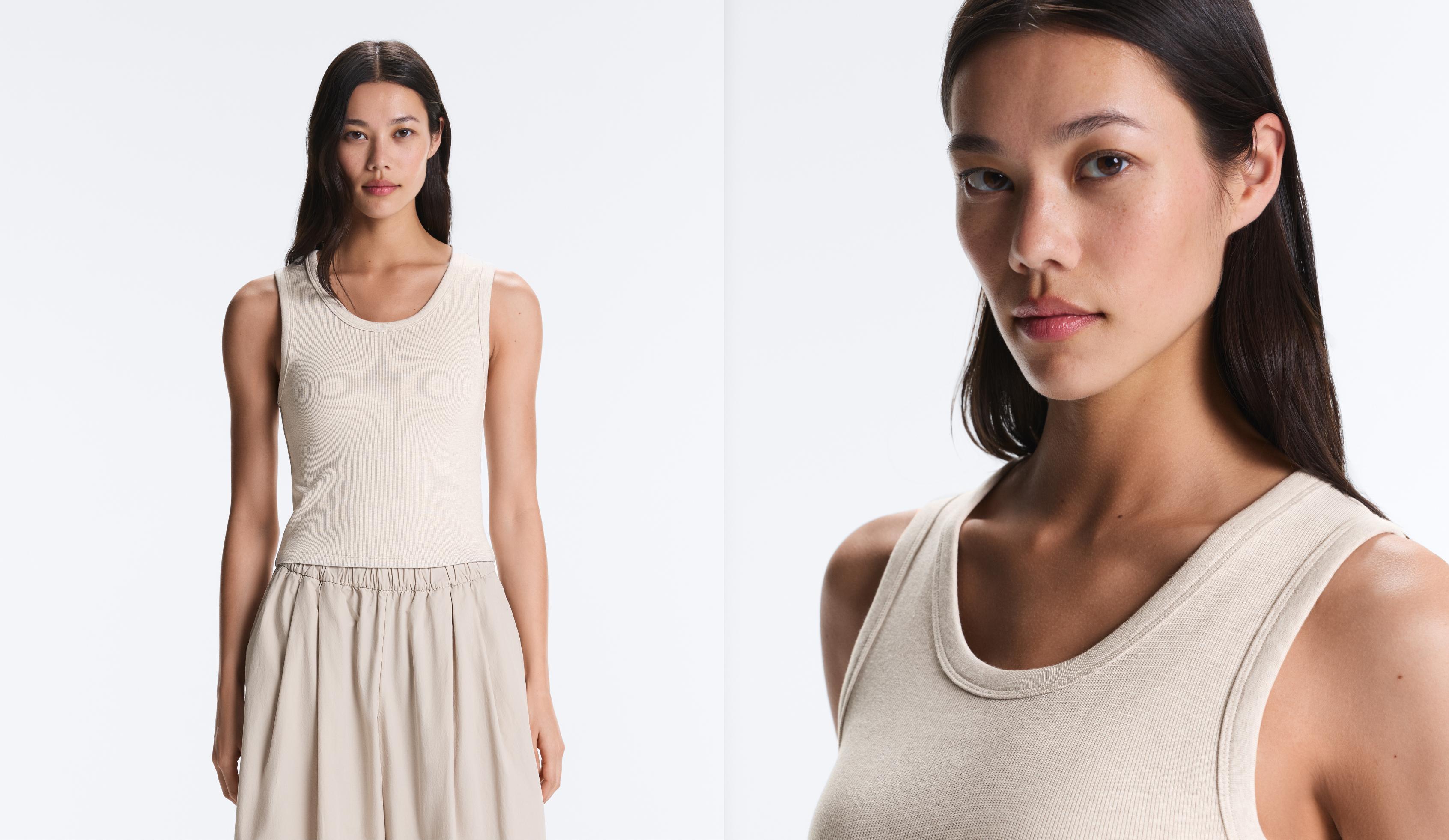 Rib T-shirt with wide straps, cotton and modal — SAND MELANGE