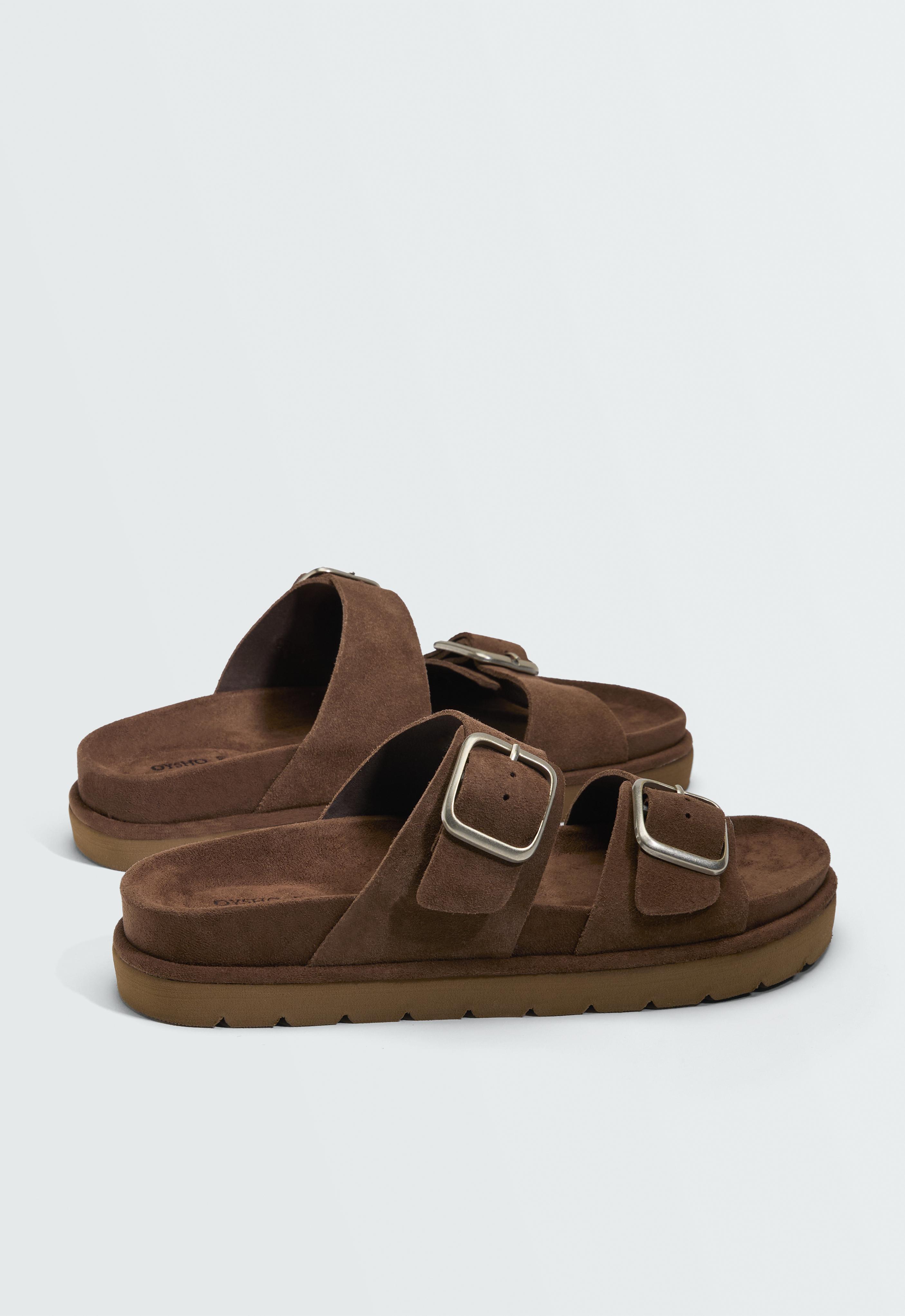 Buckle split-leather platform sandals — BROWN