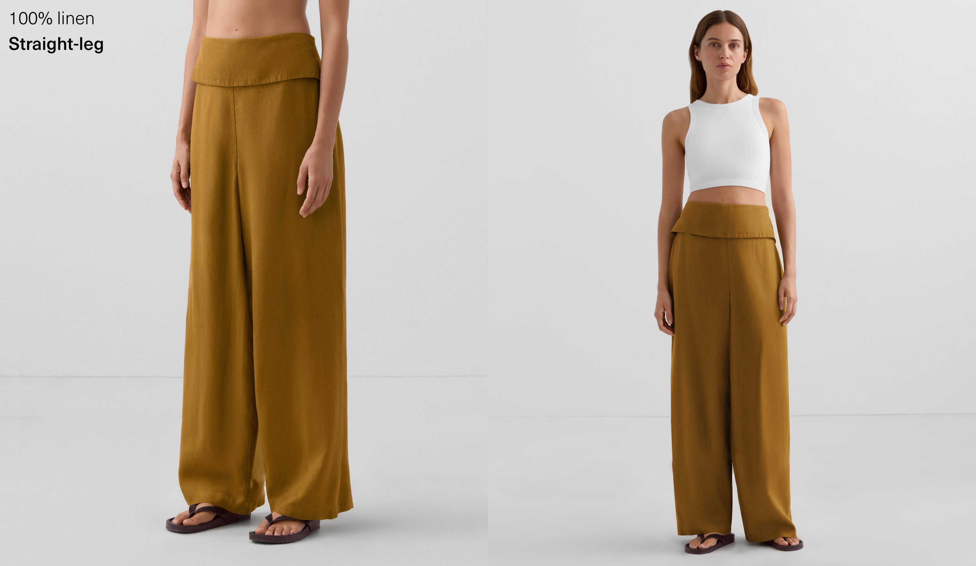 100% linen straight-leg trousers with folded waistband 100% linen straight-leg trousers with folded waistband