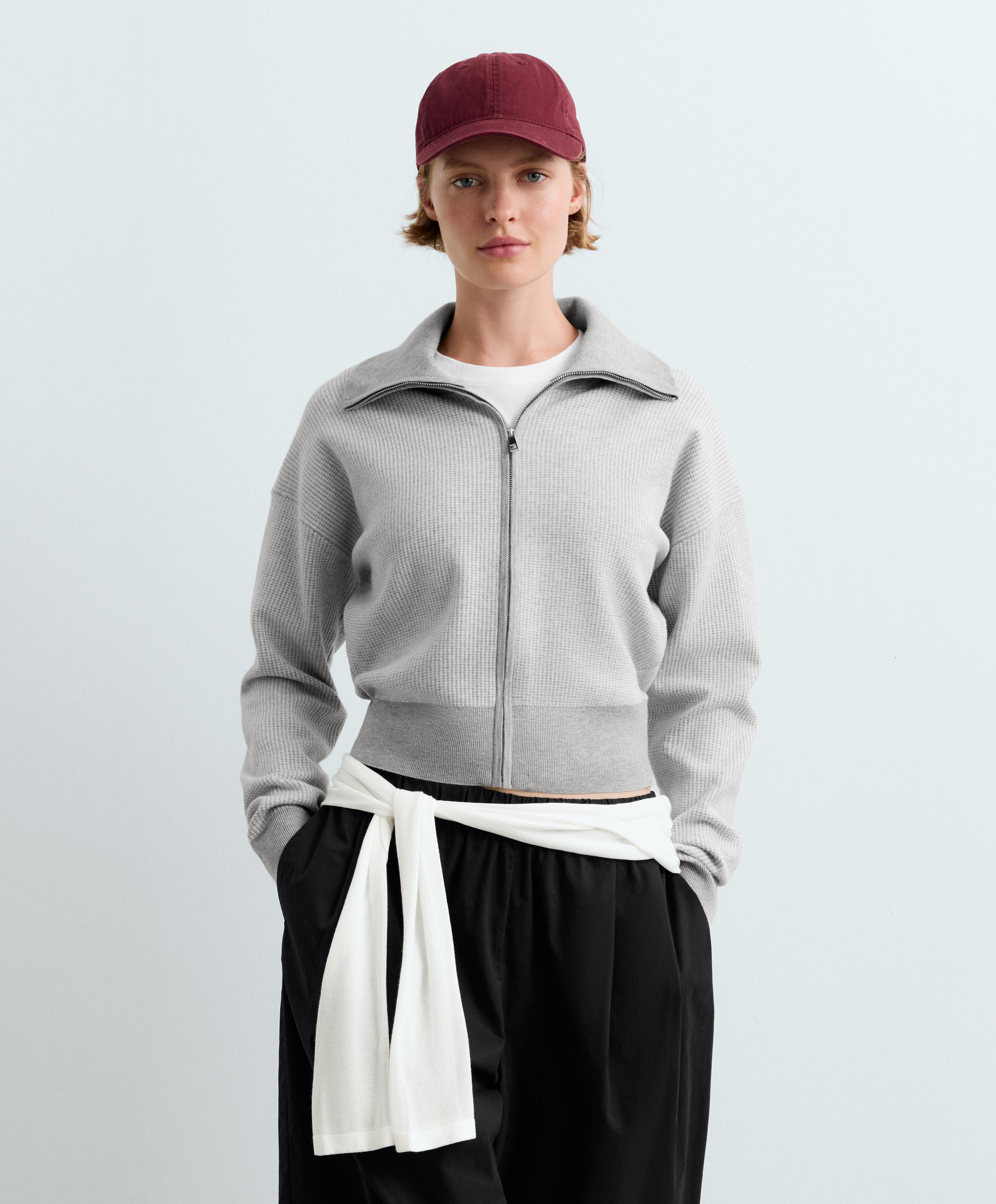 High neck contrast knit jacket — PALE GREY