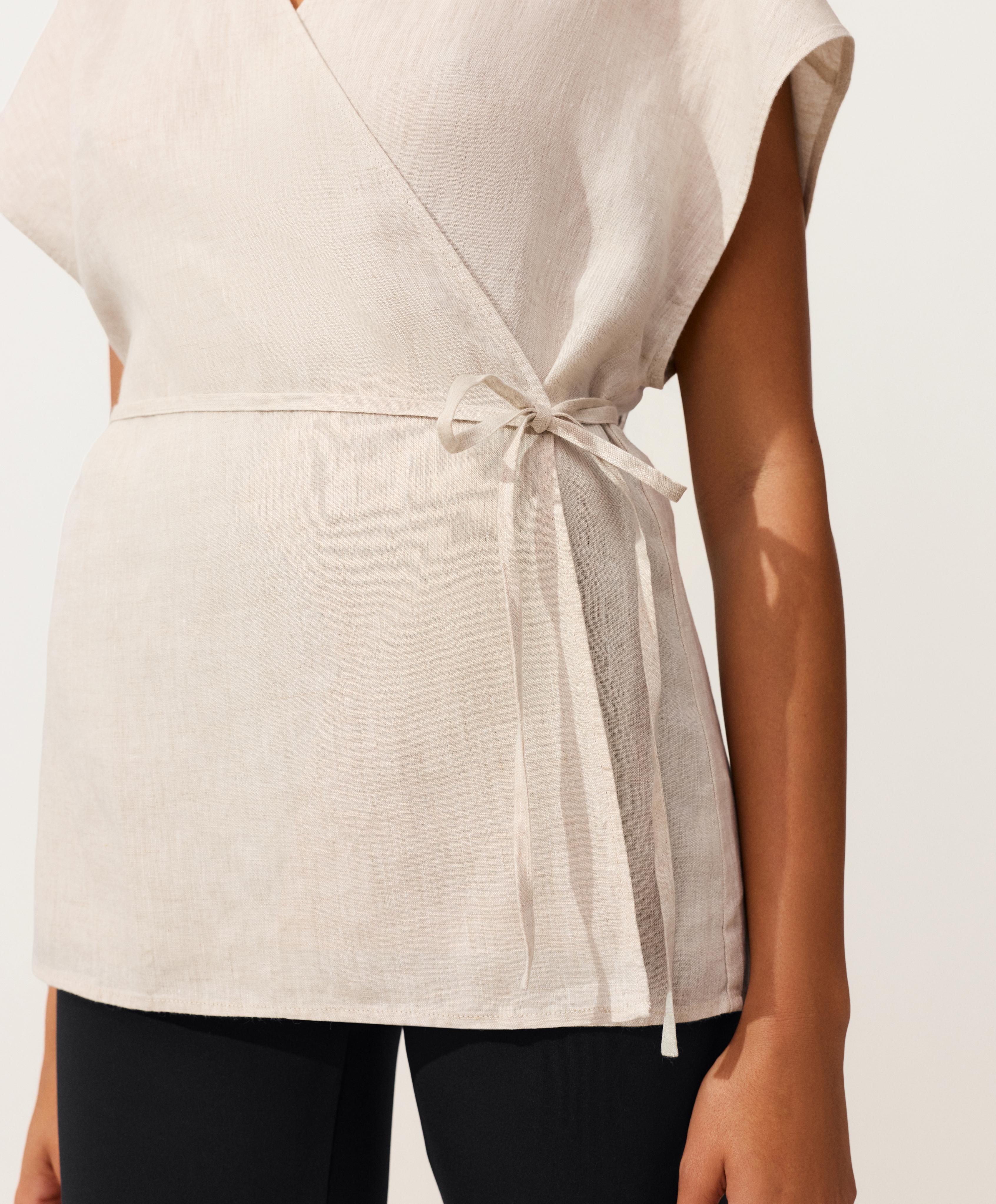 100% linen wrap shirt with tie — SAND MELANGE