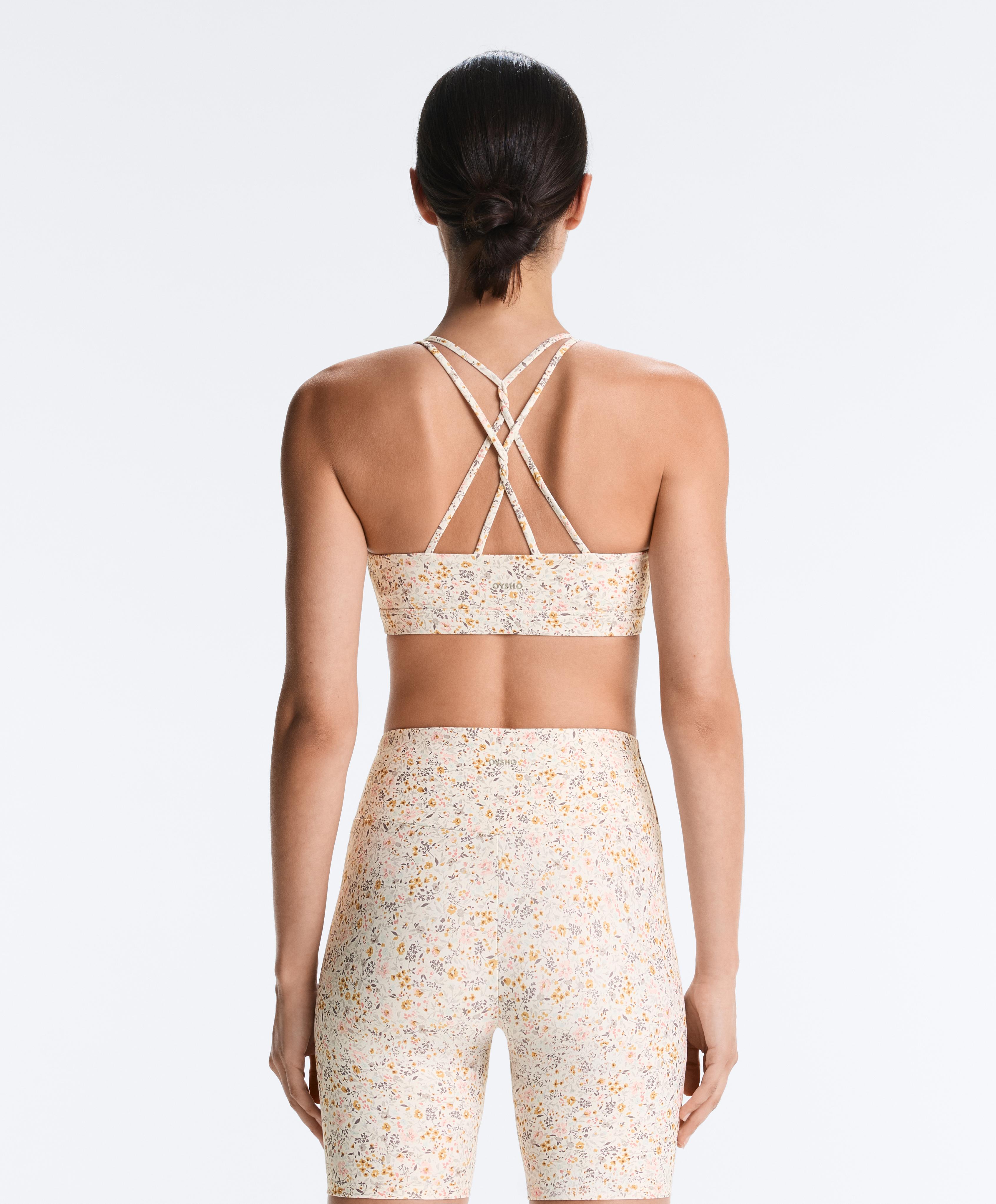 Floral print medium-support Comfortlux sports bra — PALE ECRU
