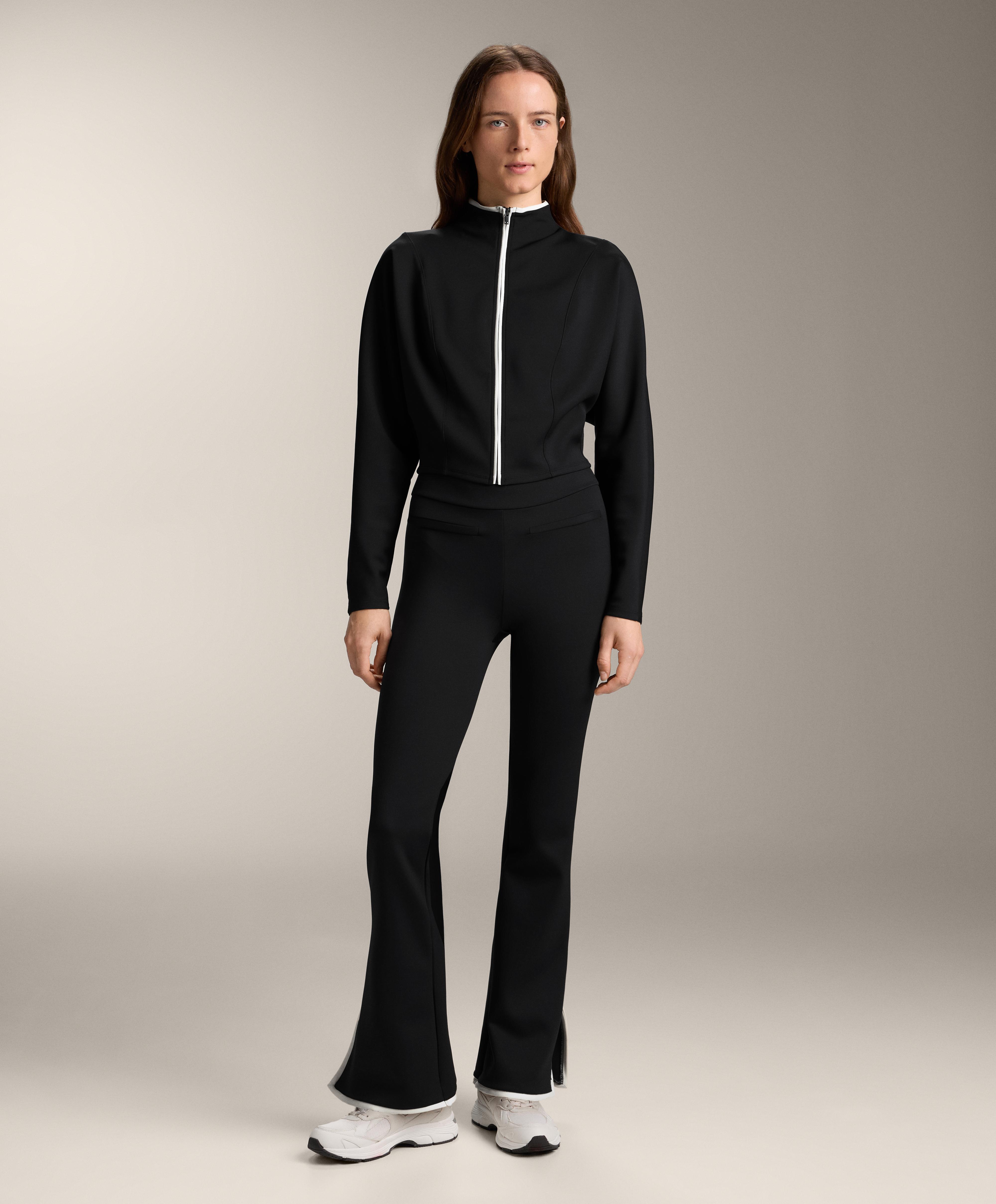 Black high-rise flare neoprene-effect contrast total look