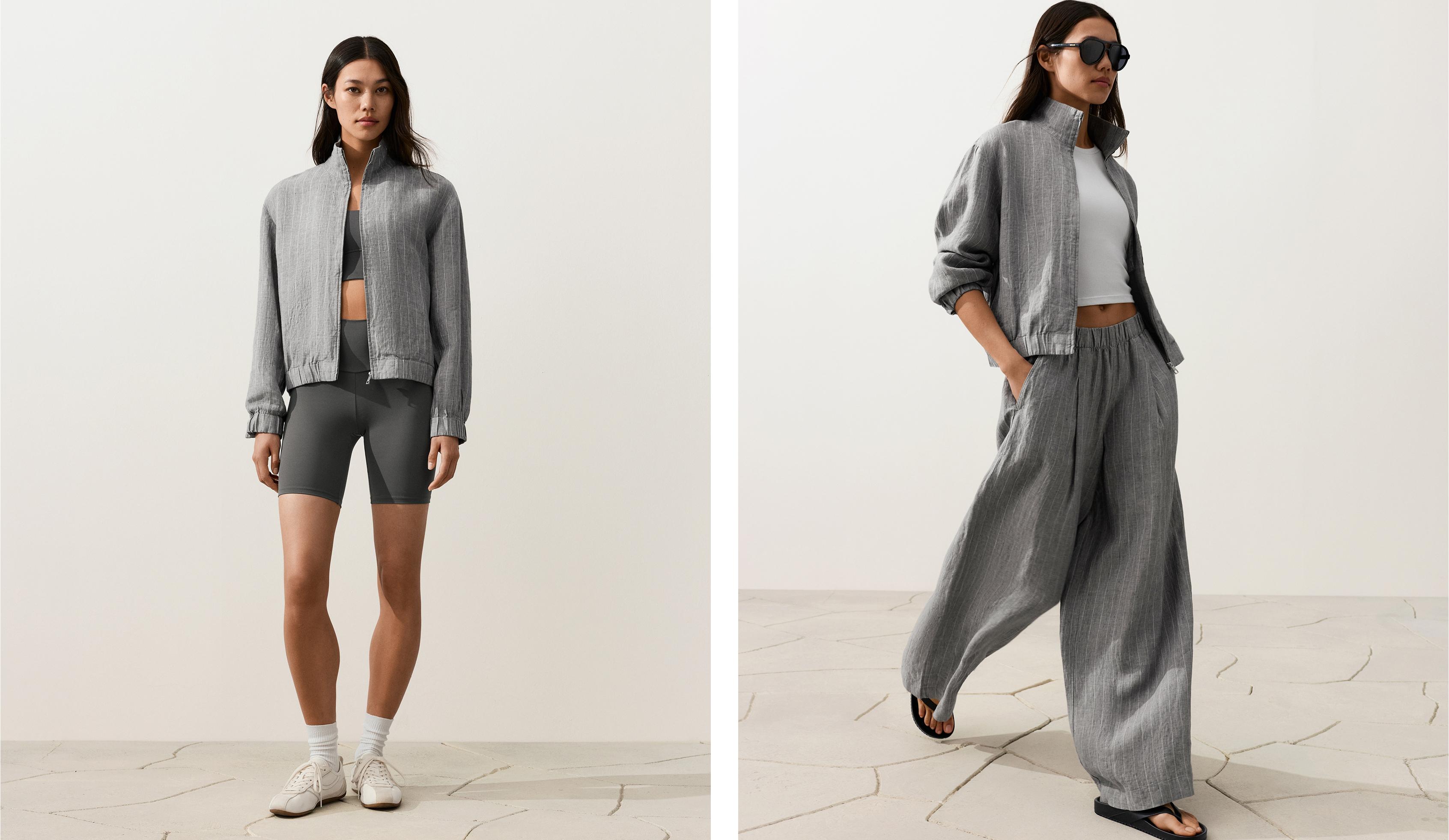 Pinstriped 100% linen high-neck jacket