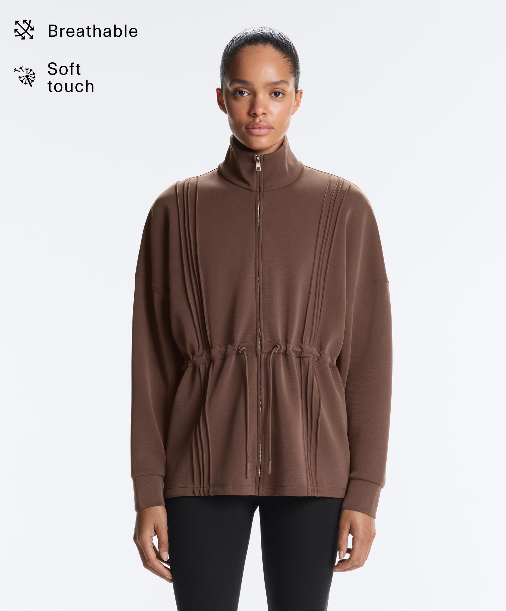 Long jacket with ribbed high neck and soft-touch modal