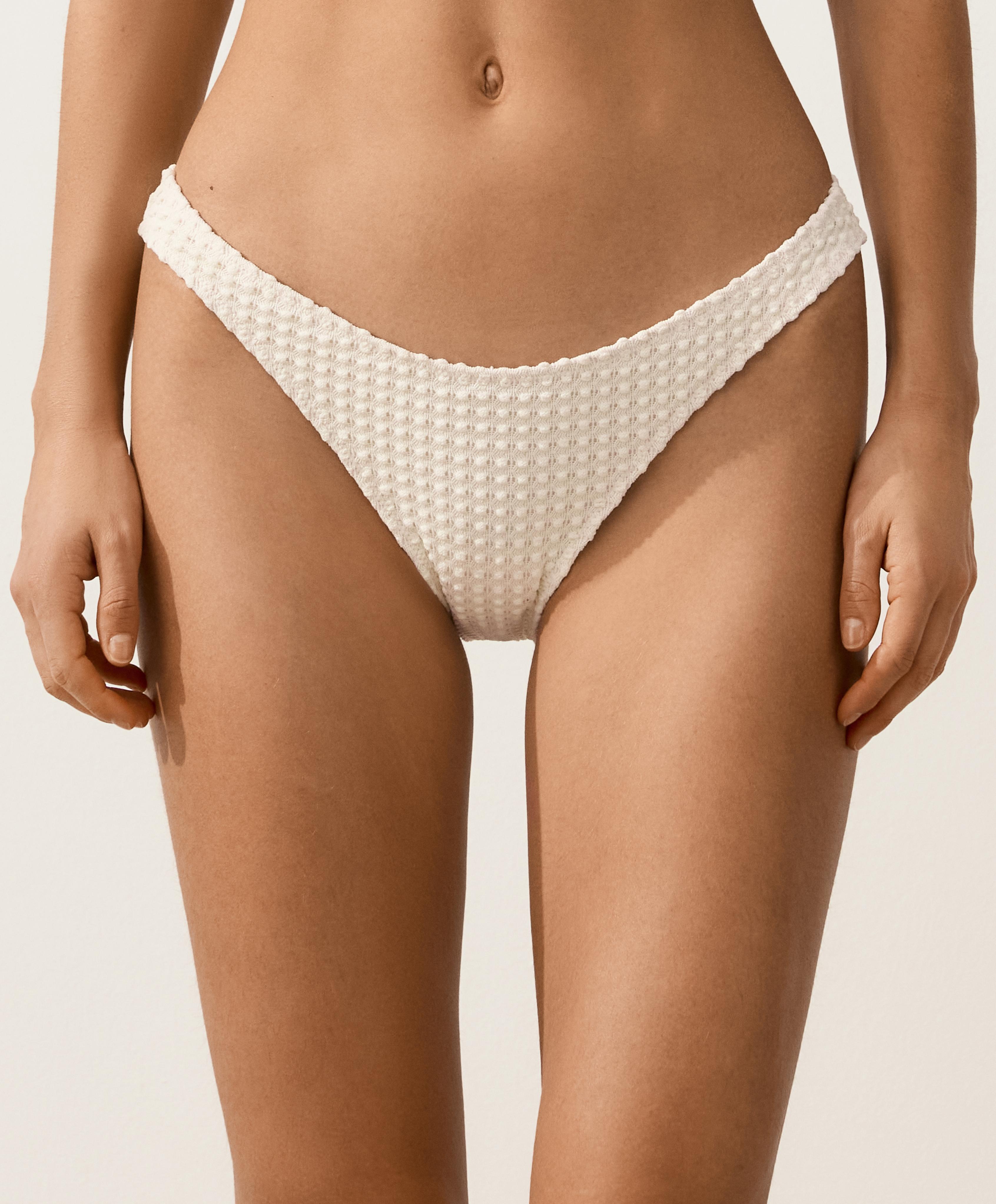 U-cut bubble-texture crochet medium-coverage bikini briefs — ECRU