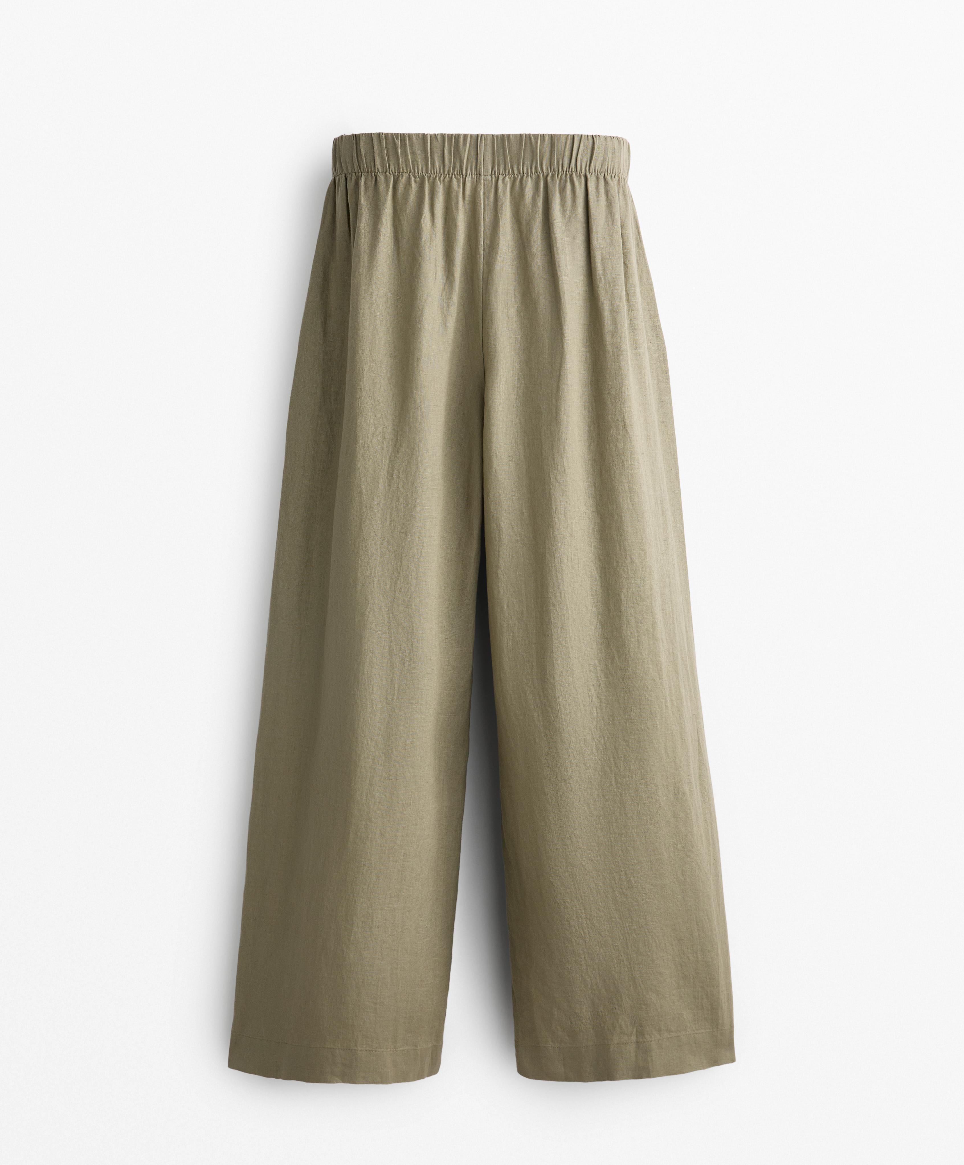 100% linen wide straight-leg trousers