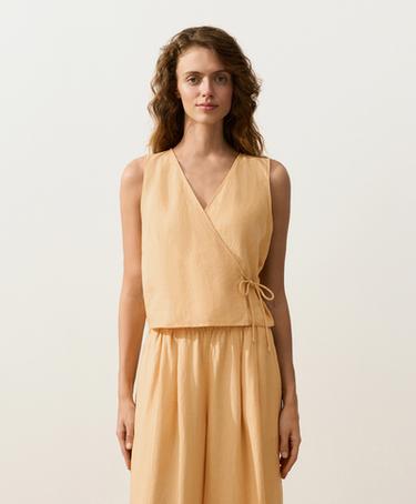 100% linen square neck crossover tie top — BURNT YELLOW 1