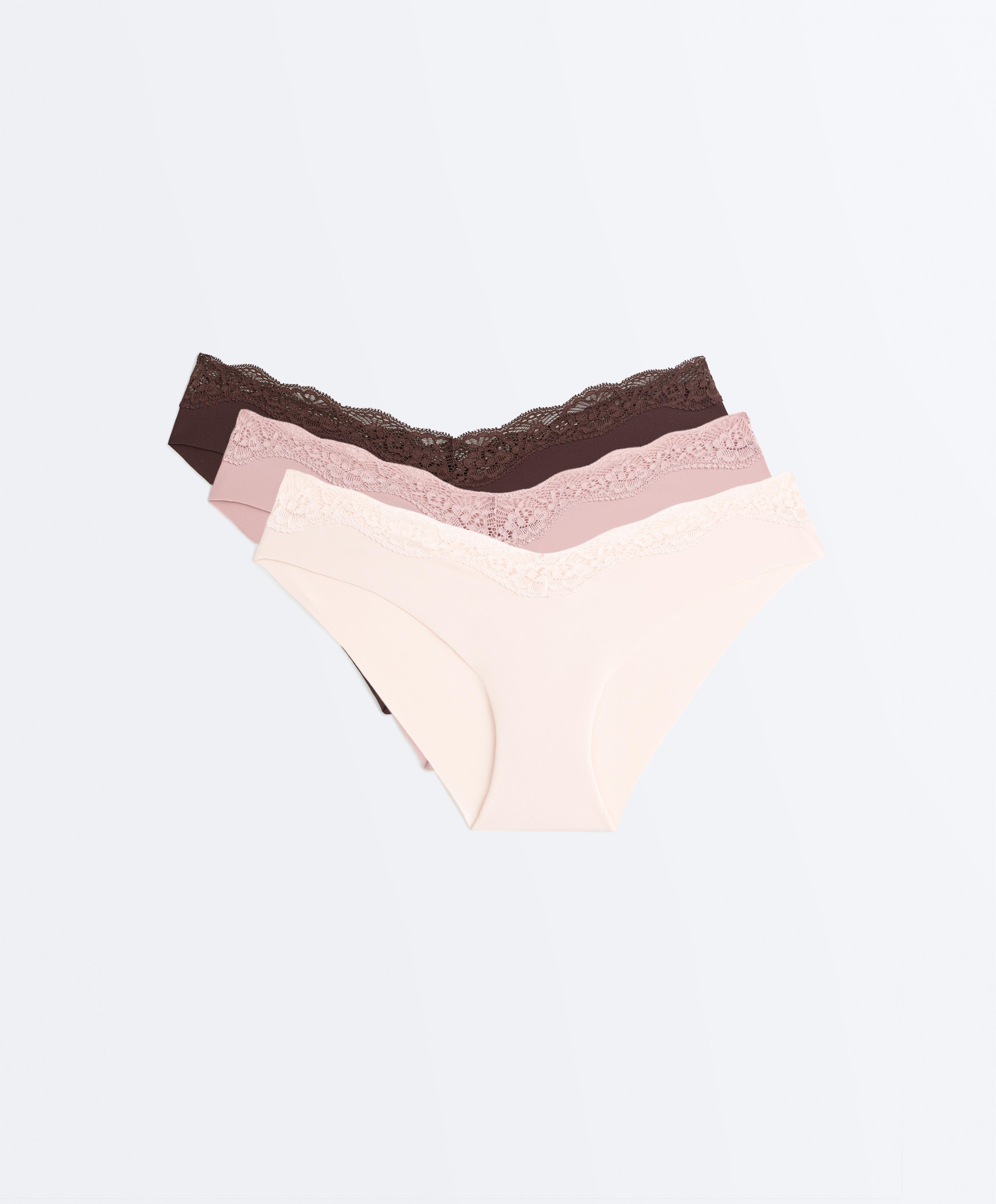3 laser-cut lace and polyamide blend classic briefs — CHOCOLATE