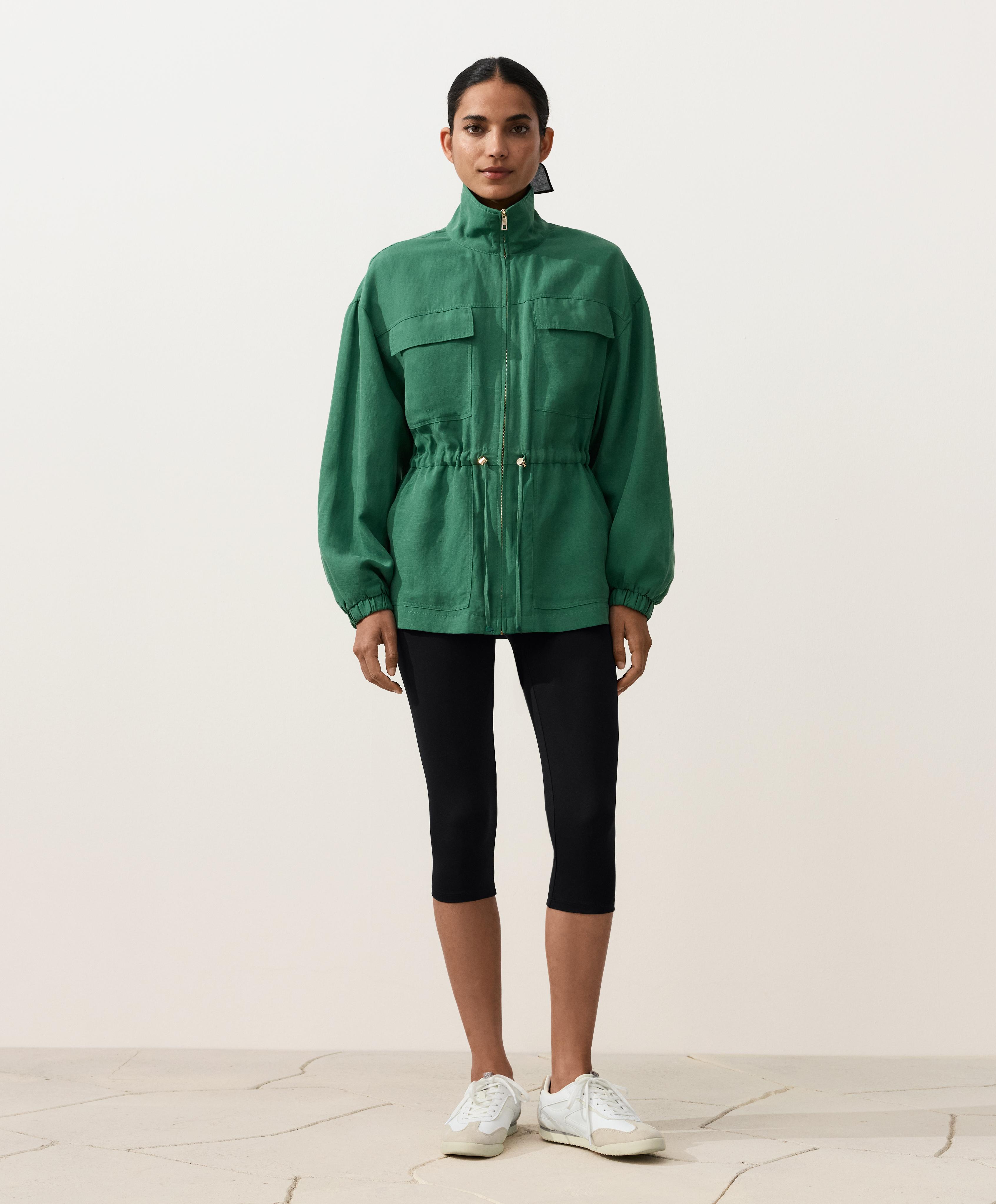 Lyocell and 24% linen blend ruched waist jacket — EMERALD GREEN