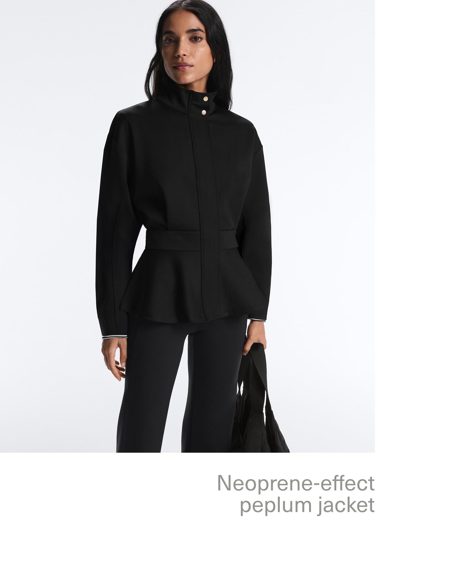 Neoprene-effect peplum jacket — BLACK