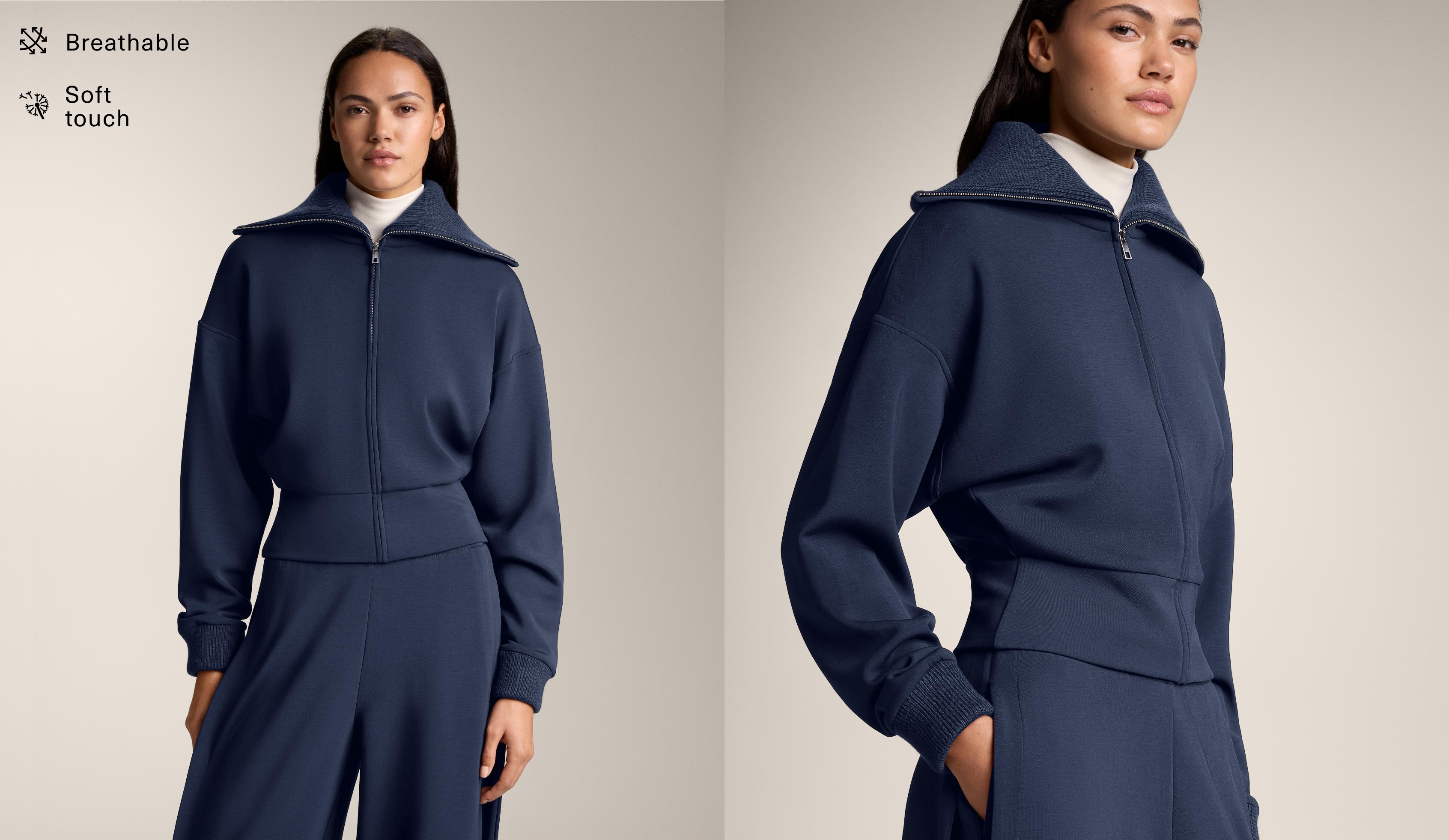 Fitted waist knit collar jacket with brushed modal — NAVY BLUE