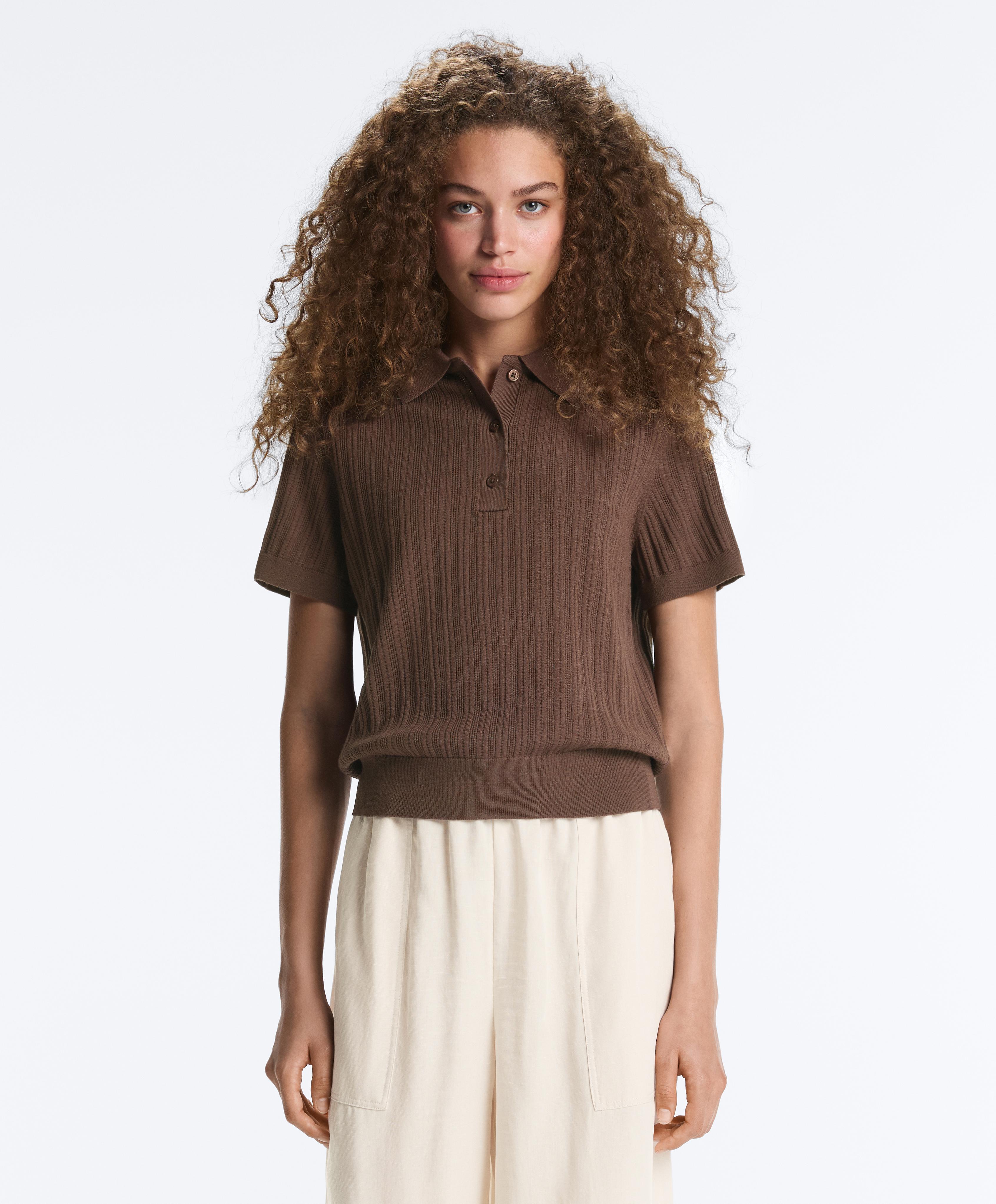 Short sleeve open knit polo shirt — MID-BROWN