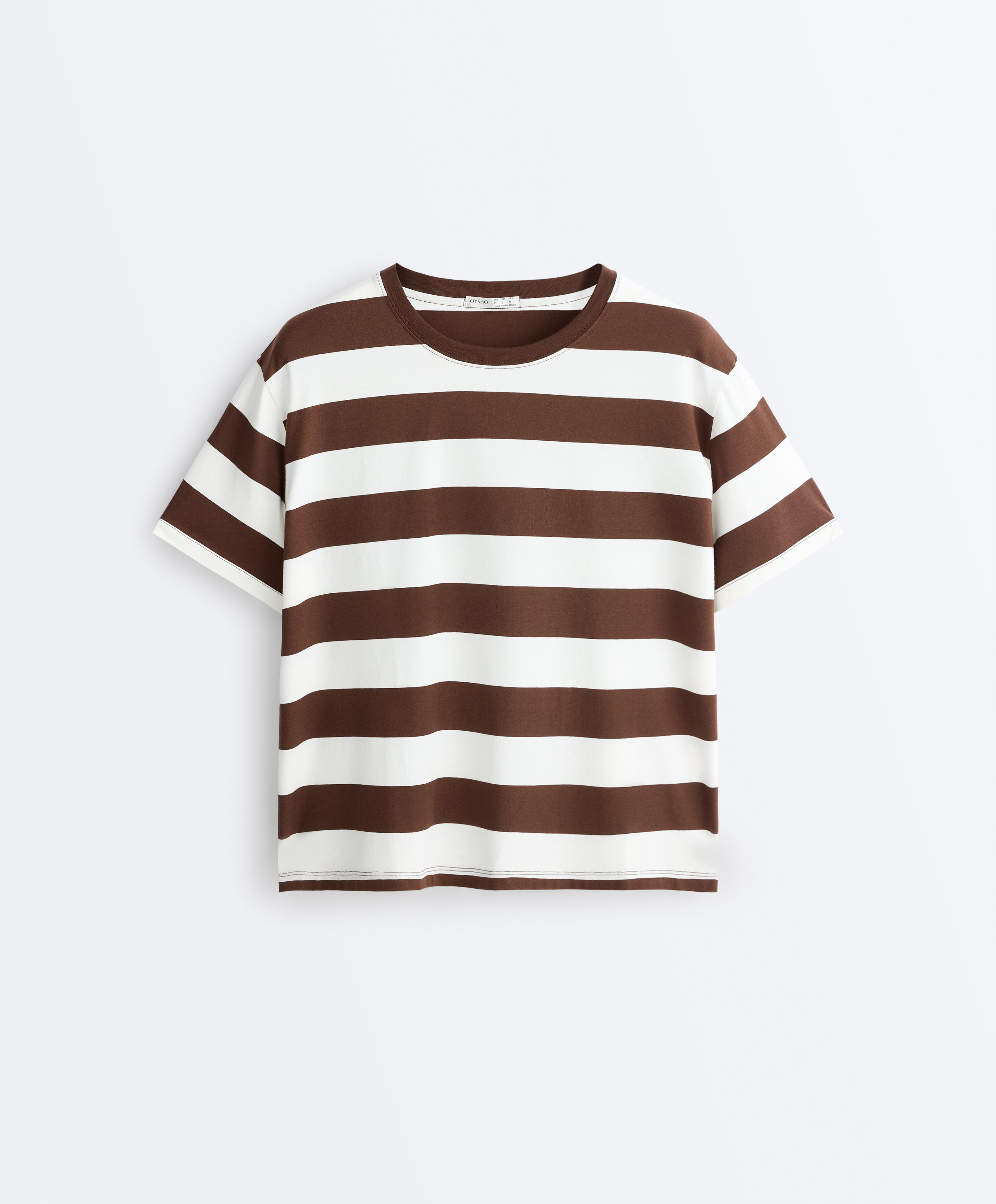 Striped boxy short-sleeve cotton blend T-shirt — DARK BROWN