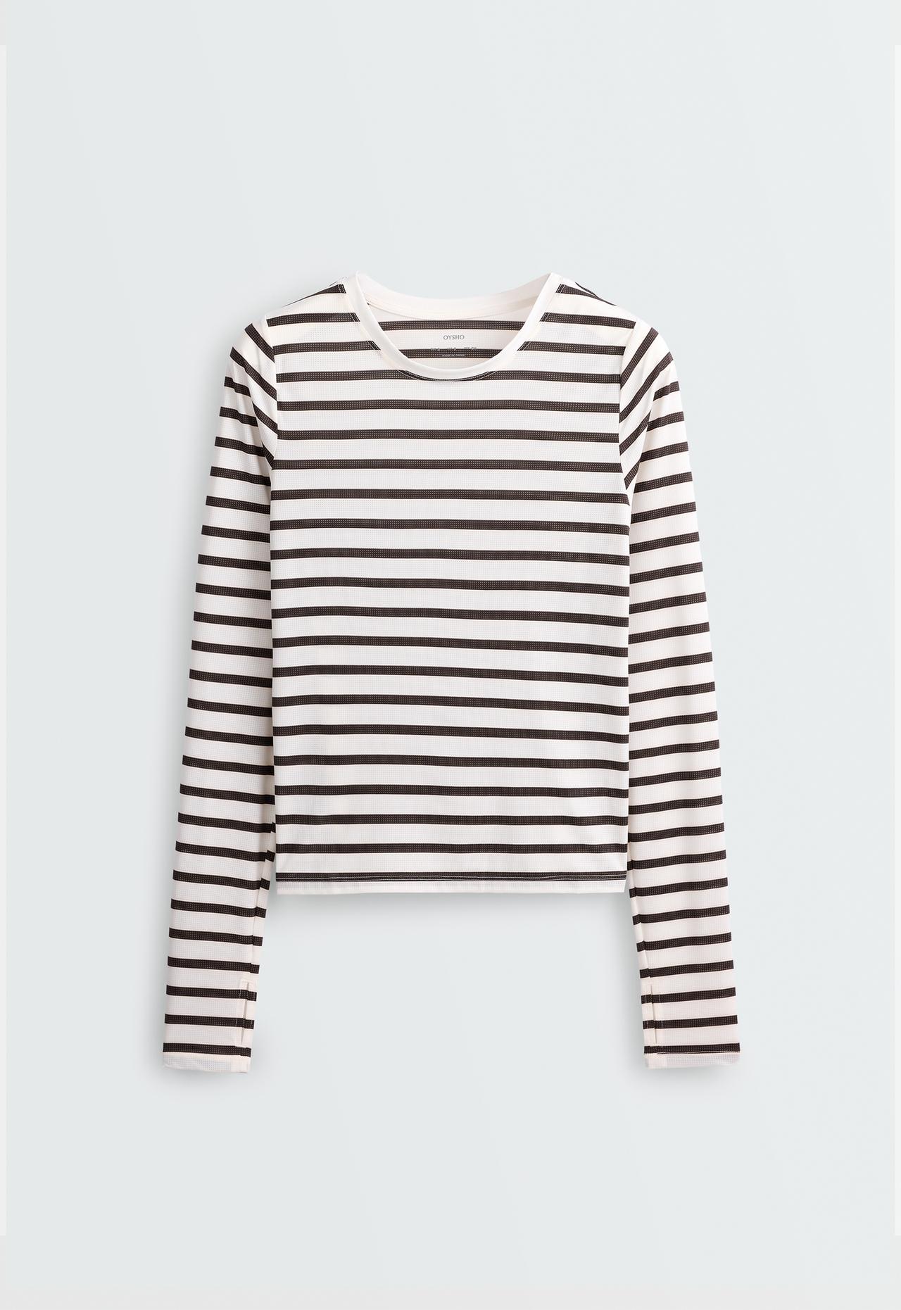 Regular Fit technical T-shirt, long sleeve, striped print — BROWN