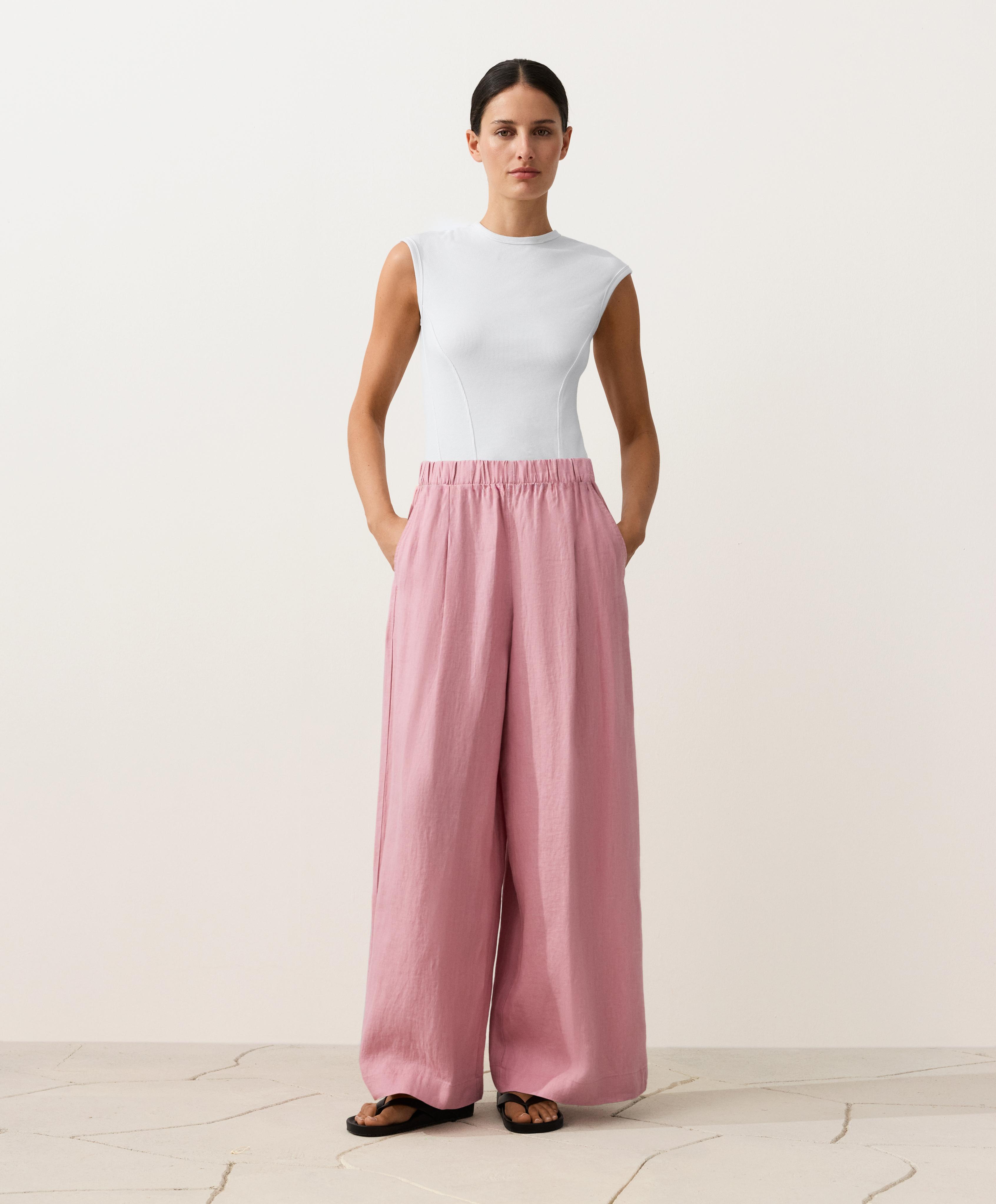 100% linen wide-leg trousers — MID-PINK