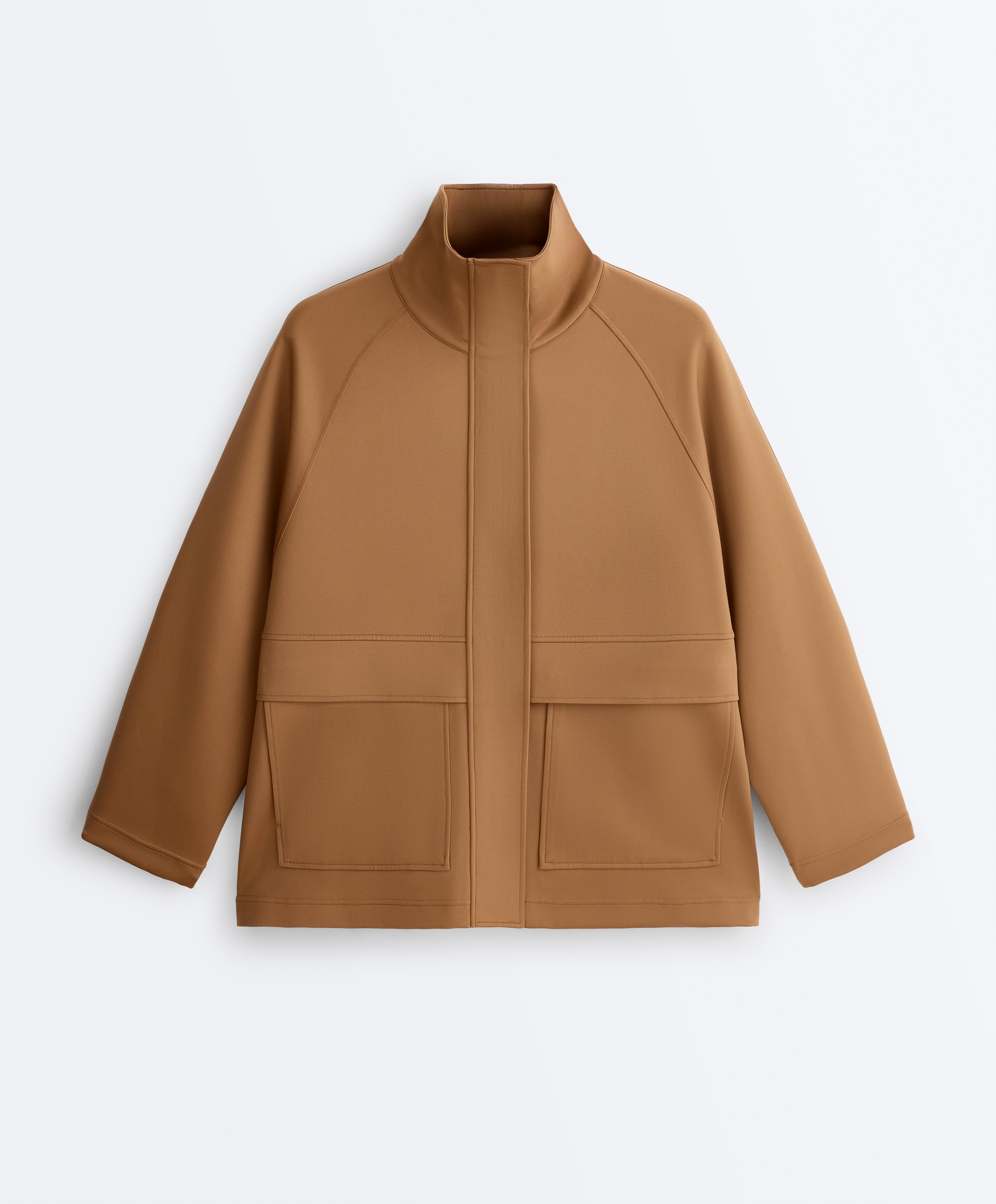 Long neoprene-effect jacket — PALE BROWN