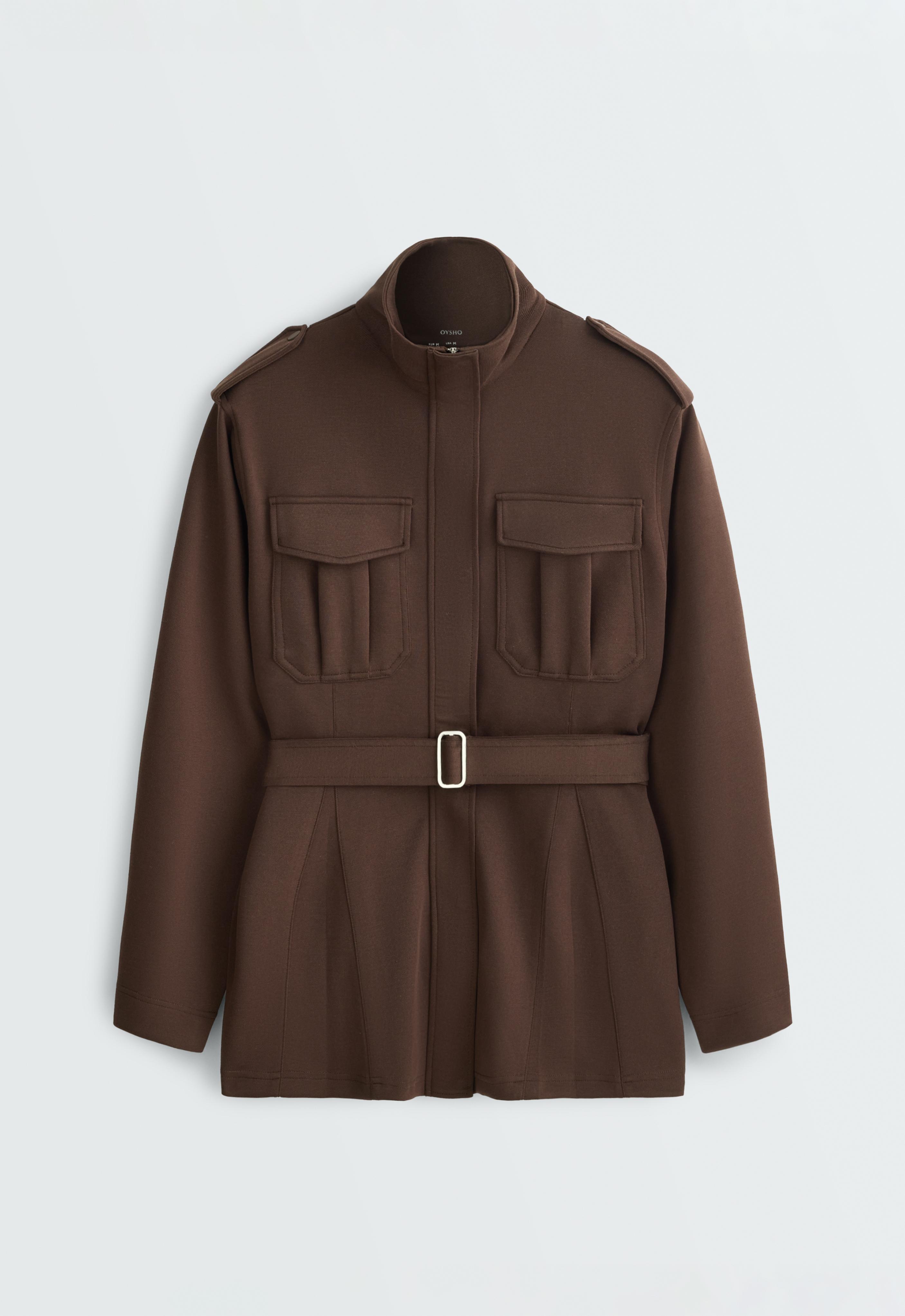 Long utility pique jacket with belt — DARK BROWN