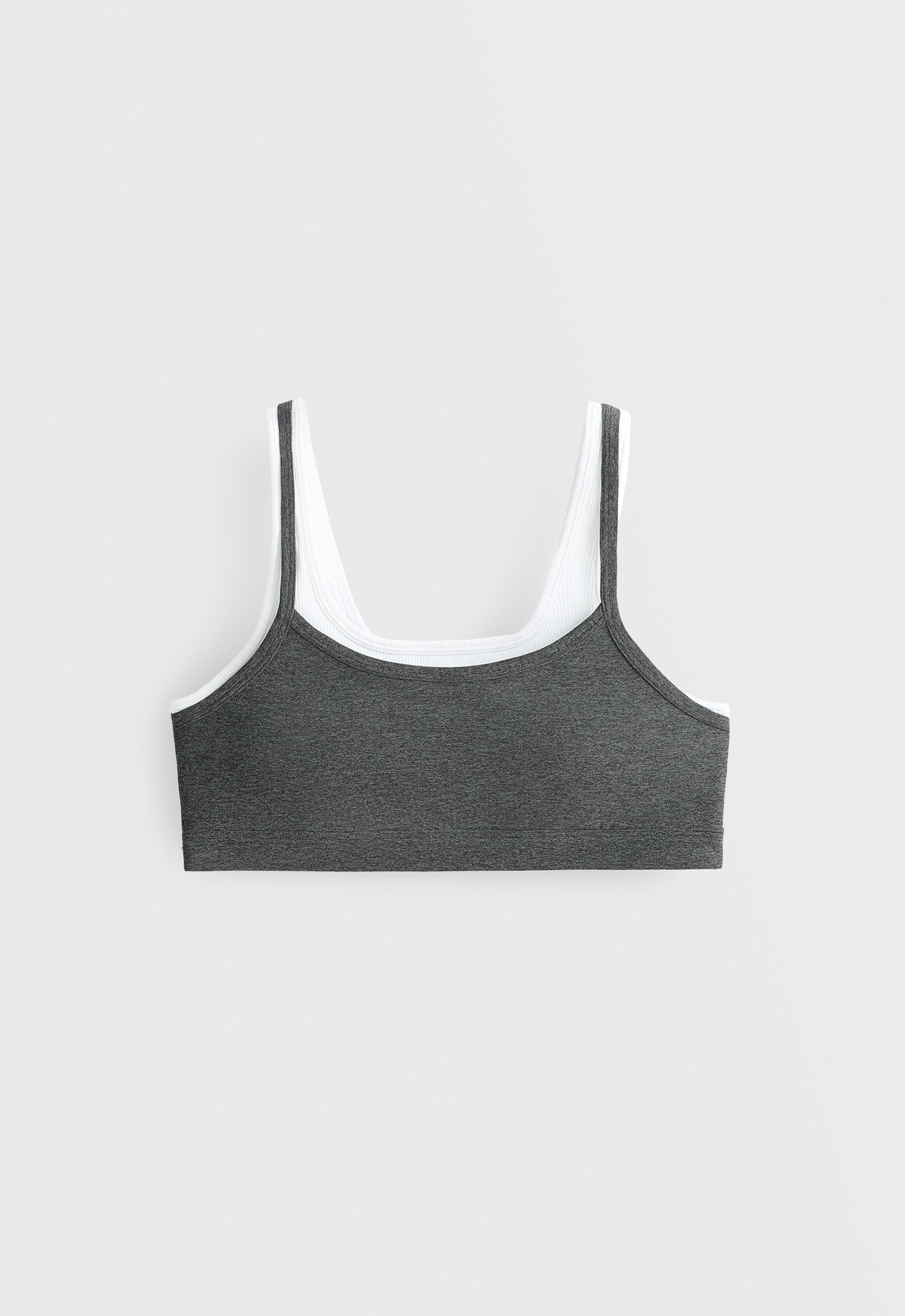 Medium-support ribbed heather sports bra with overlay — DARK GREY MELANGE