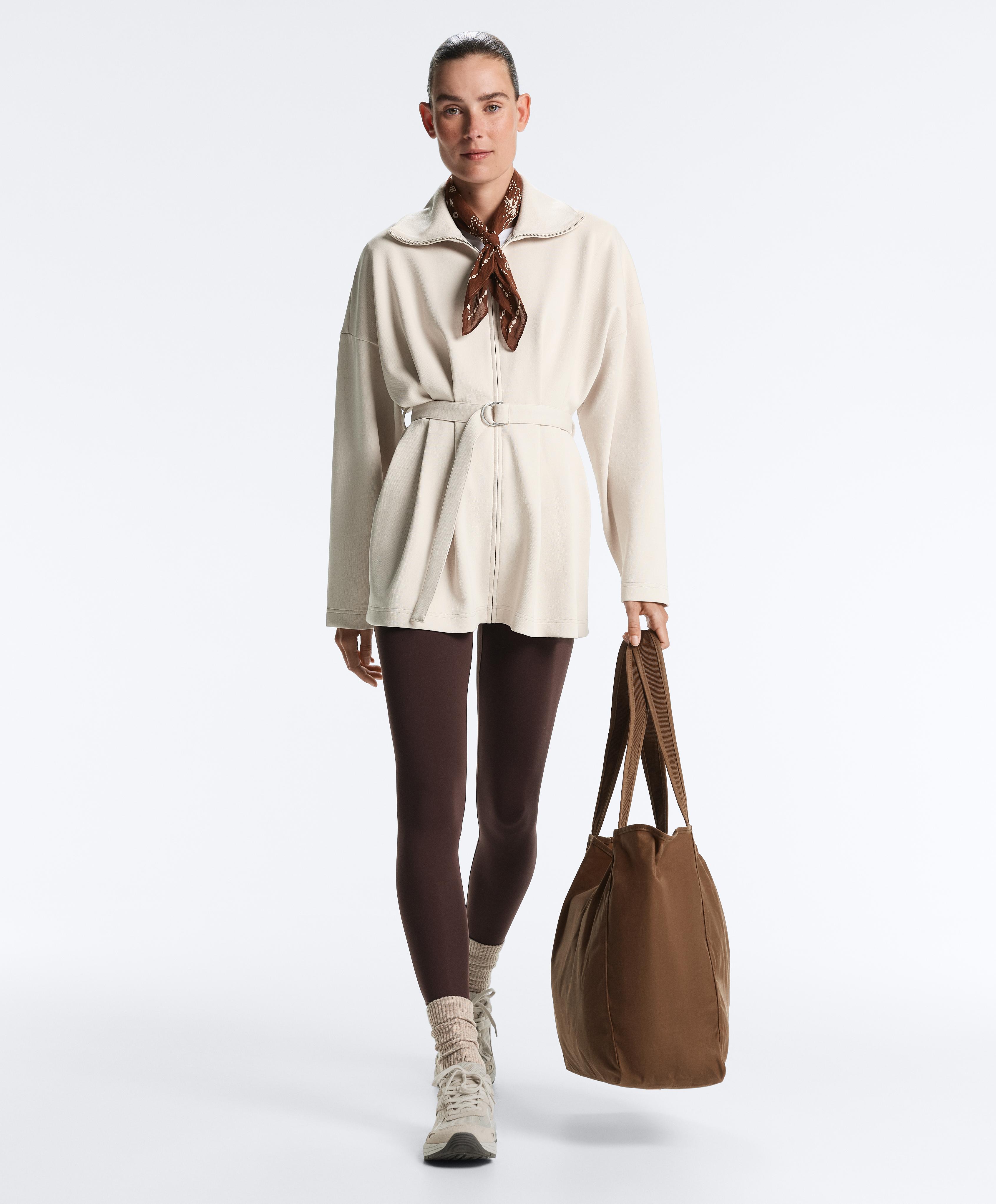 Long cotton piqué belted jacket — PALE MINK