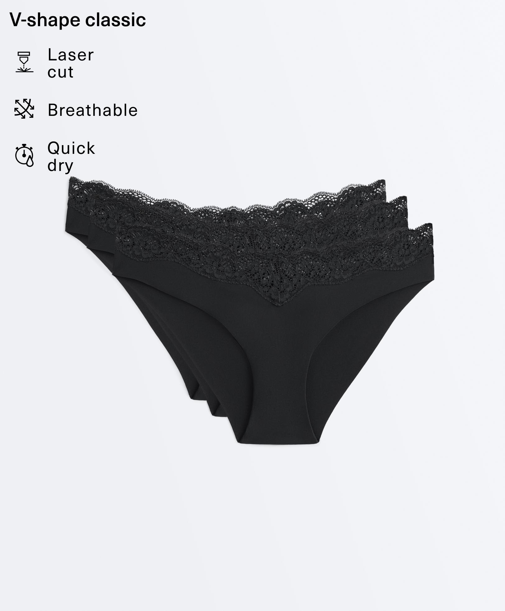 3 laser-cut polyamide blend V-cut lace bikini briefs — BLACK
