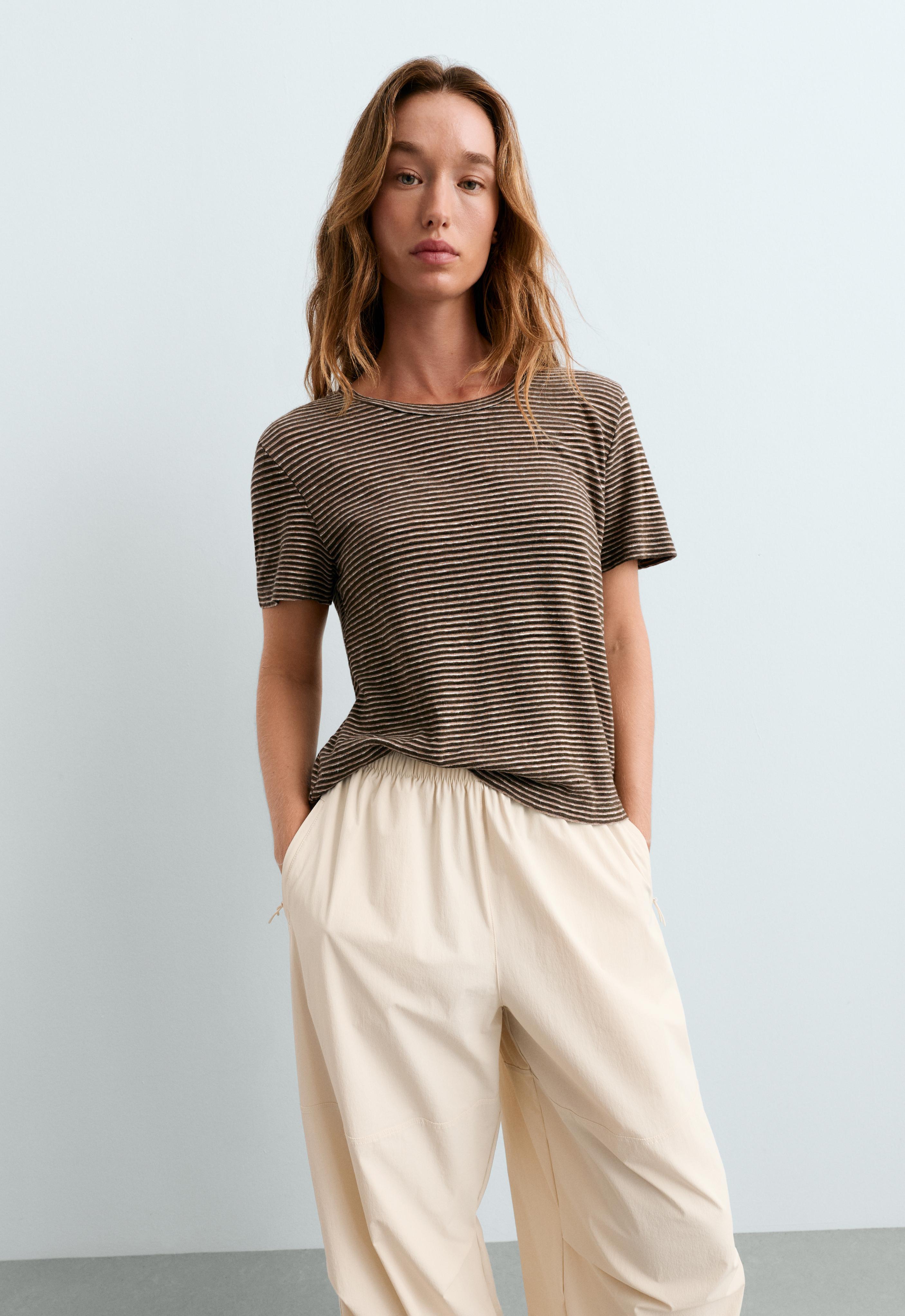 Slim-fit striped cotton and linen T-shirt — CHOCOLATE