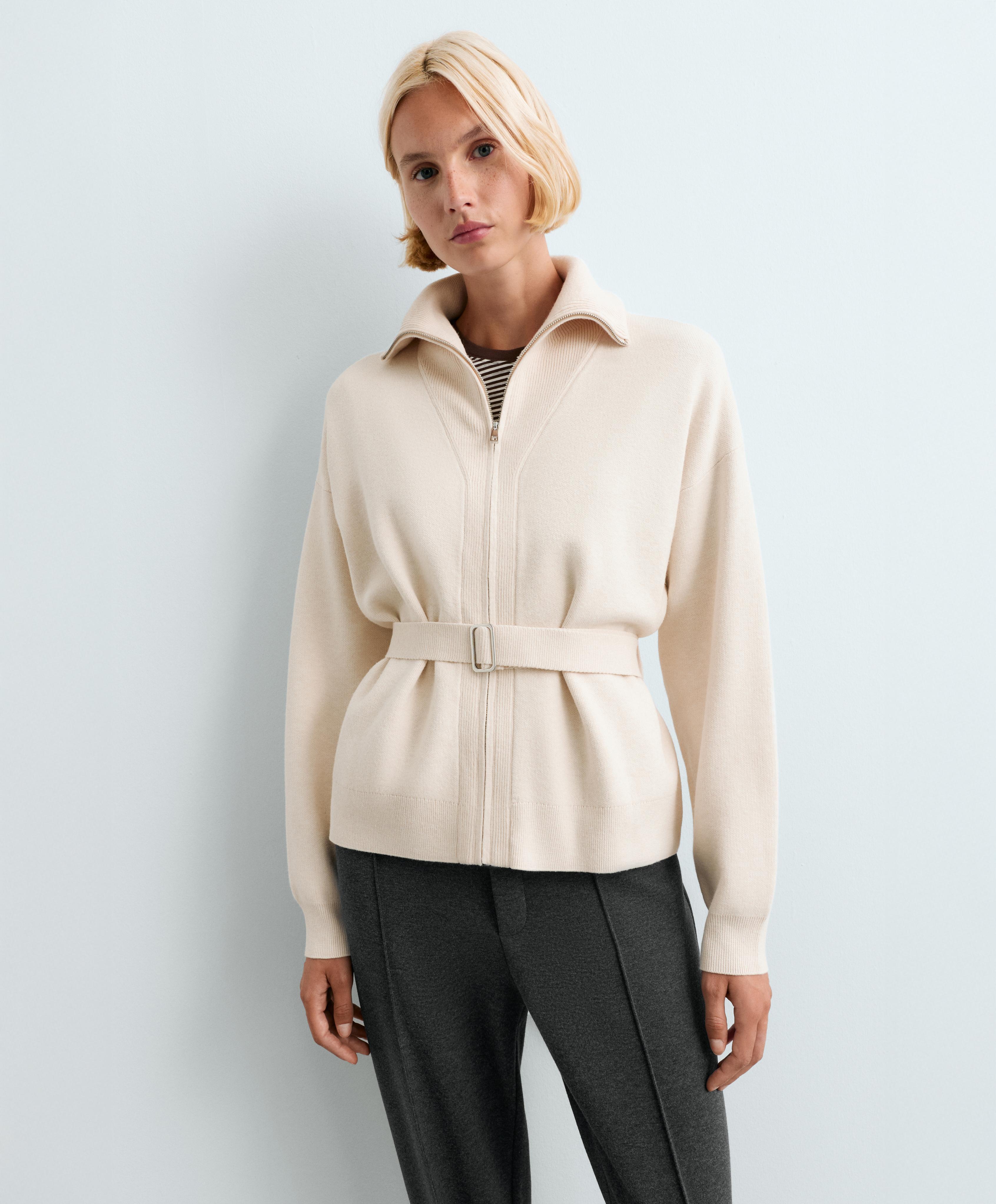 High-neck belted jacket — ECRU
