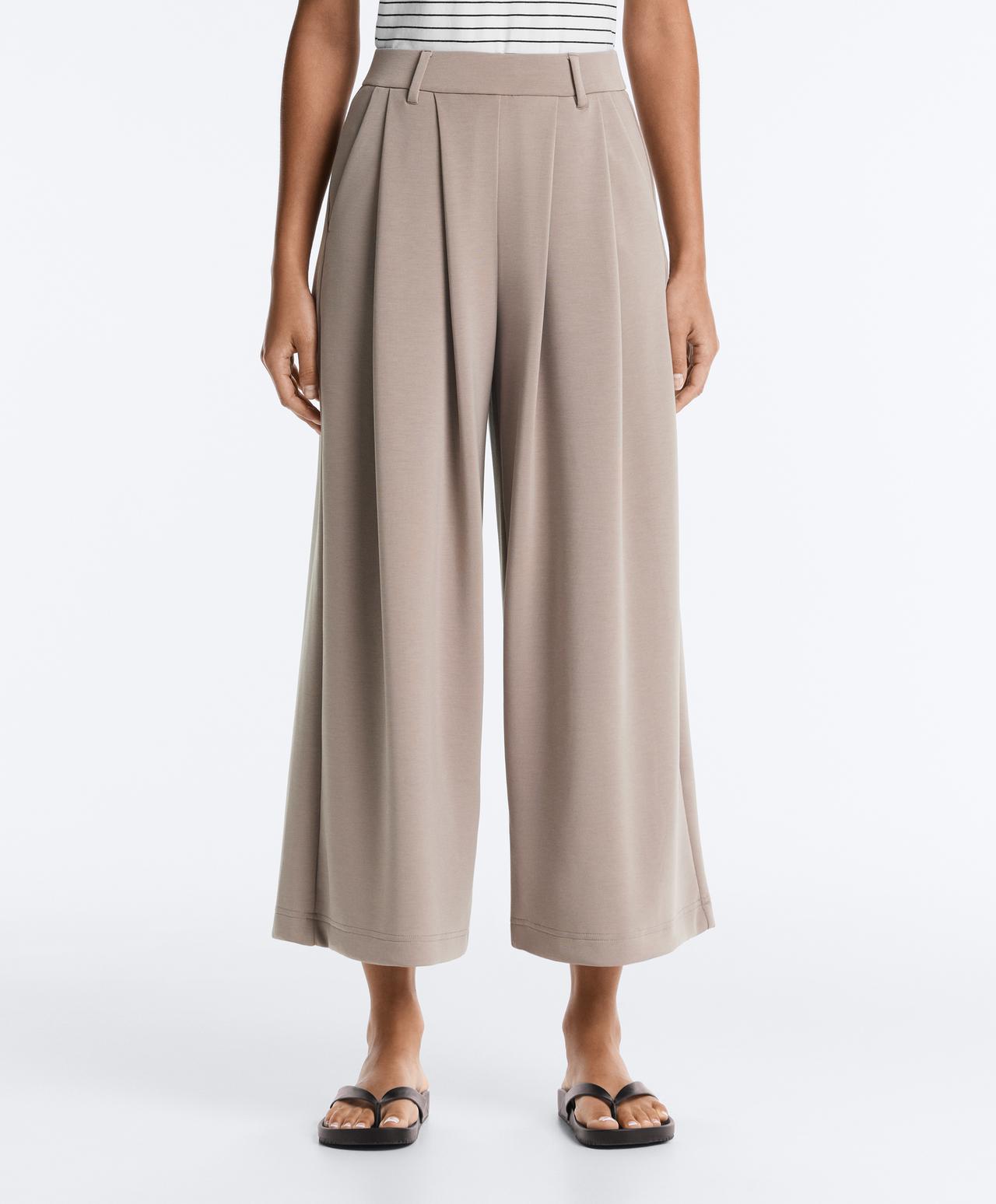 Soft-touch wide-leg crop trousers with modal and pleats — MID-MINK