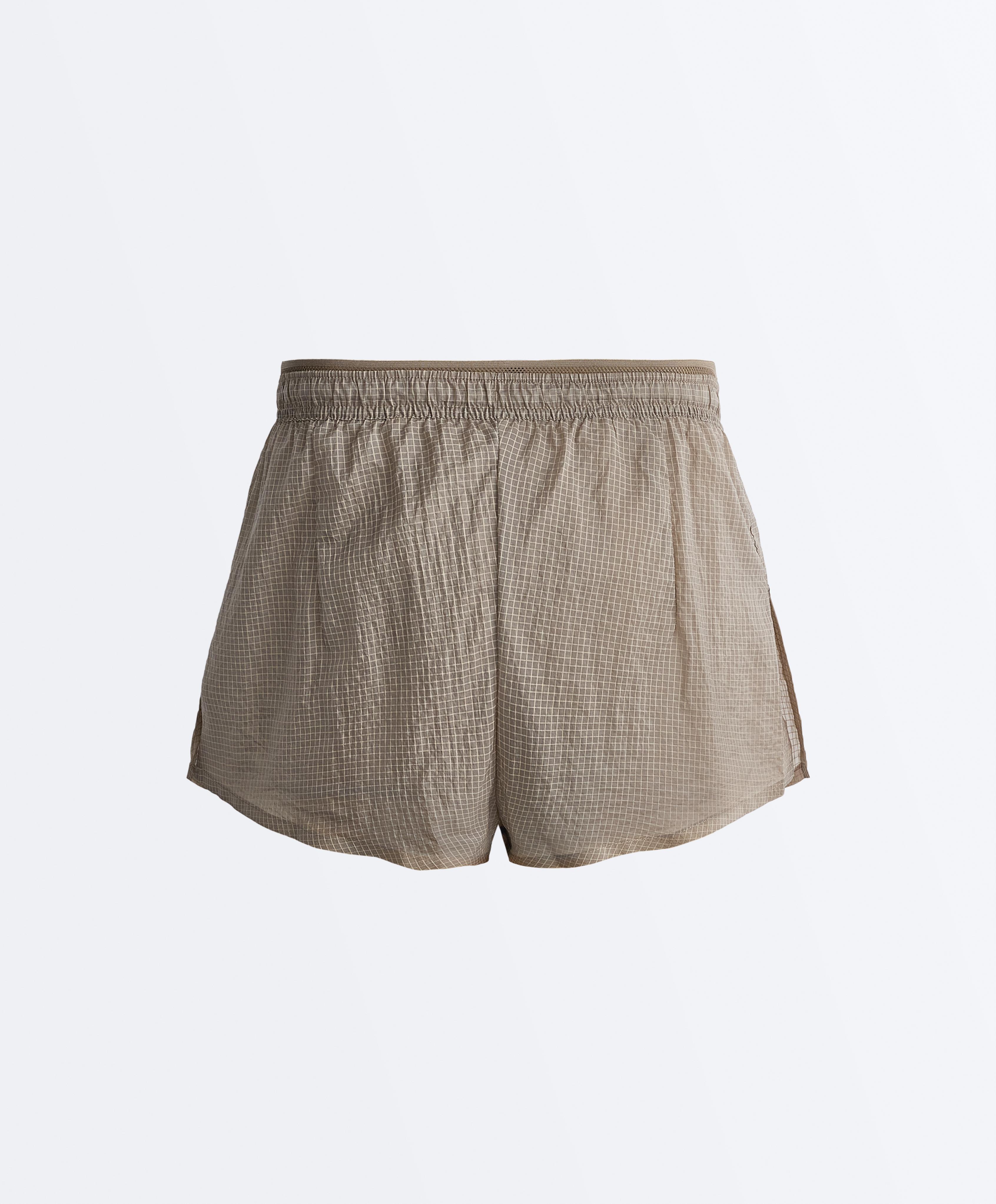 Technical 2-in-1 checked mid-rise shorts — MINK GREY
