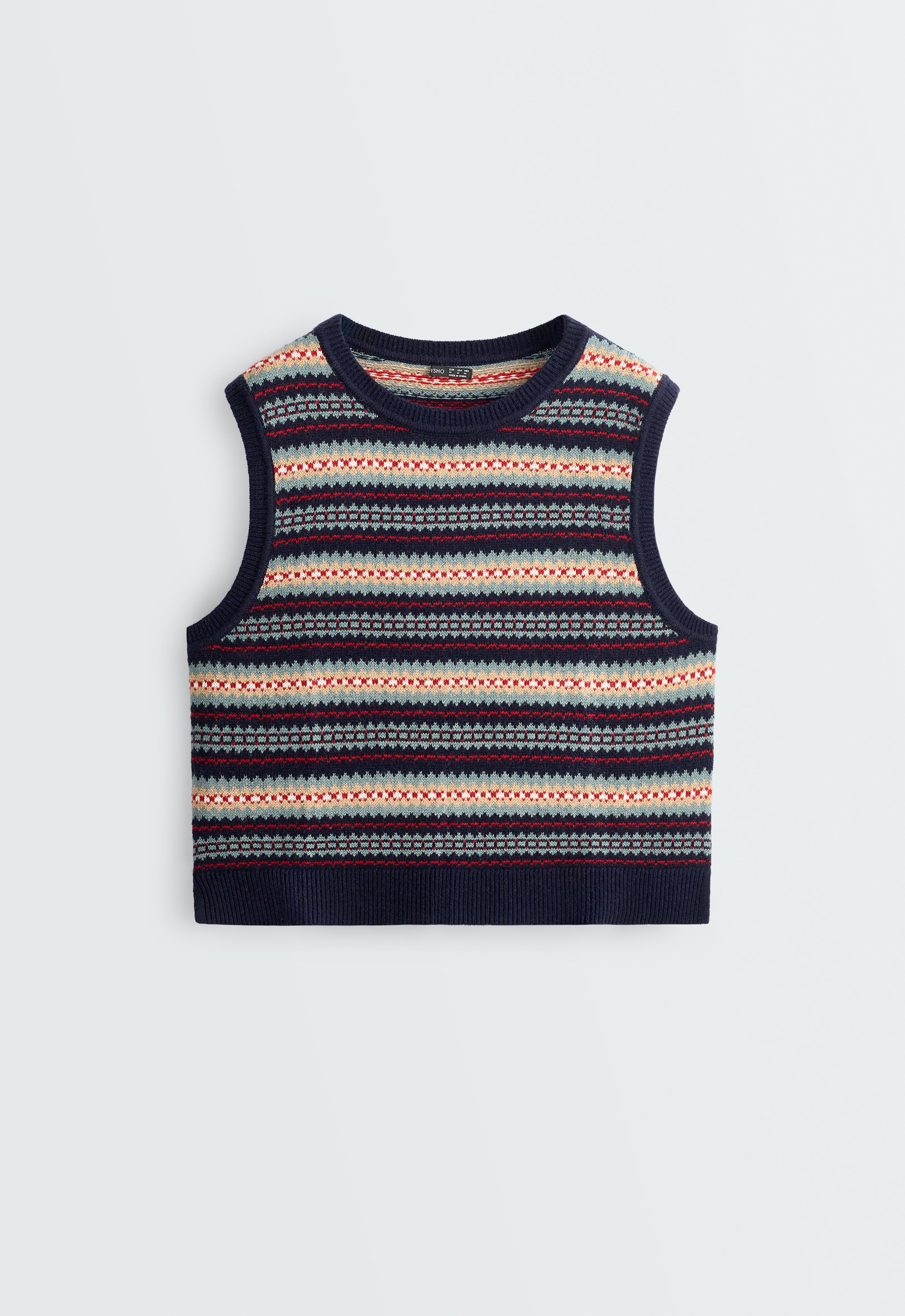 Wool blend jacquard knit vest — INK BLUE