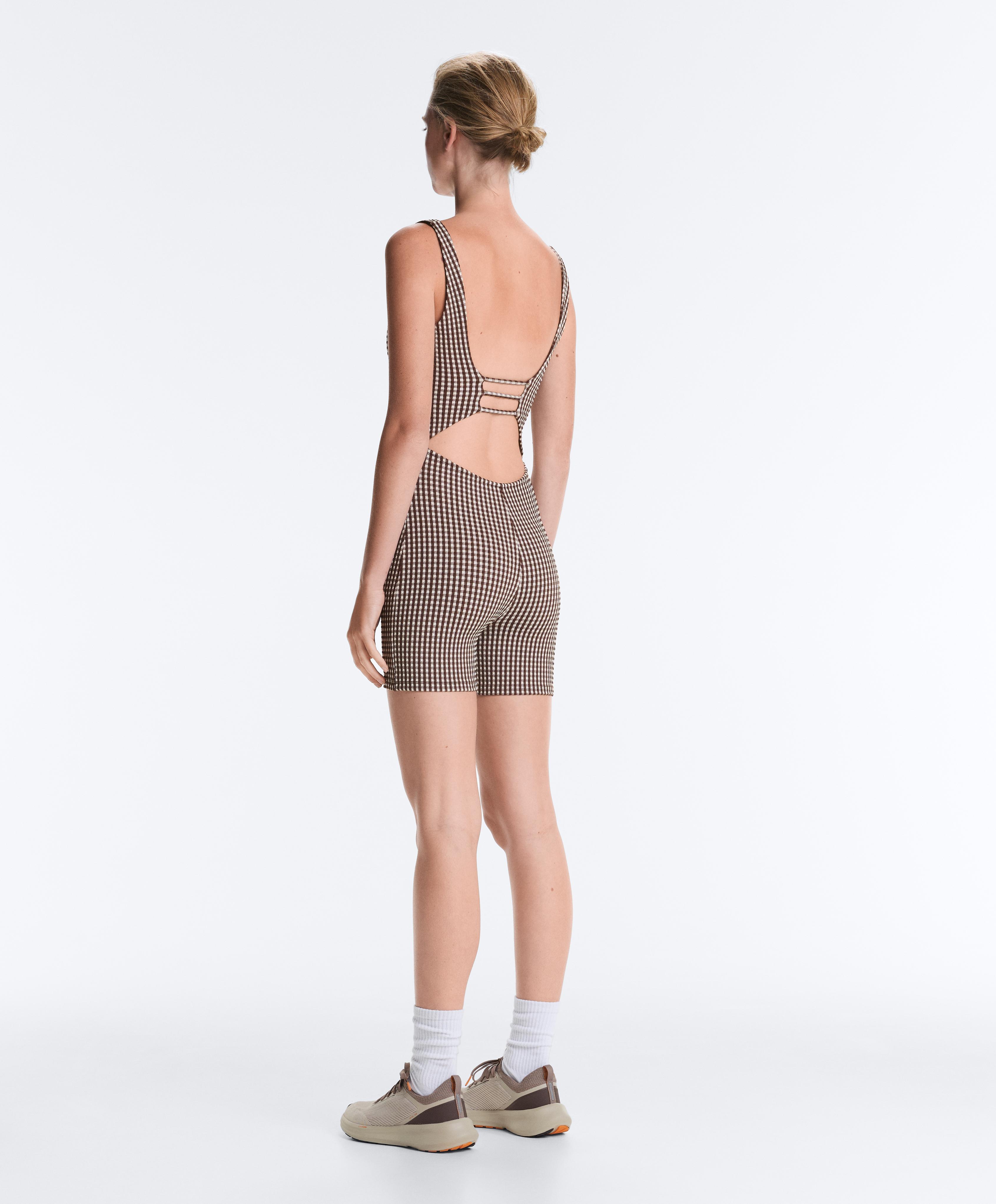 Comfortlux gingham short jumpsuit — DARK REDDISH‑BROWN