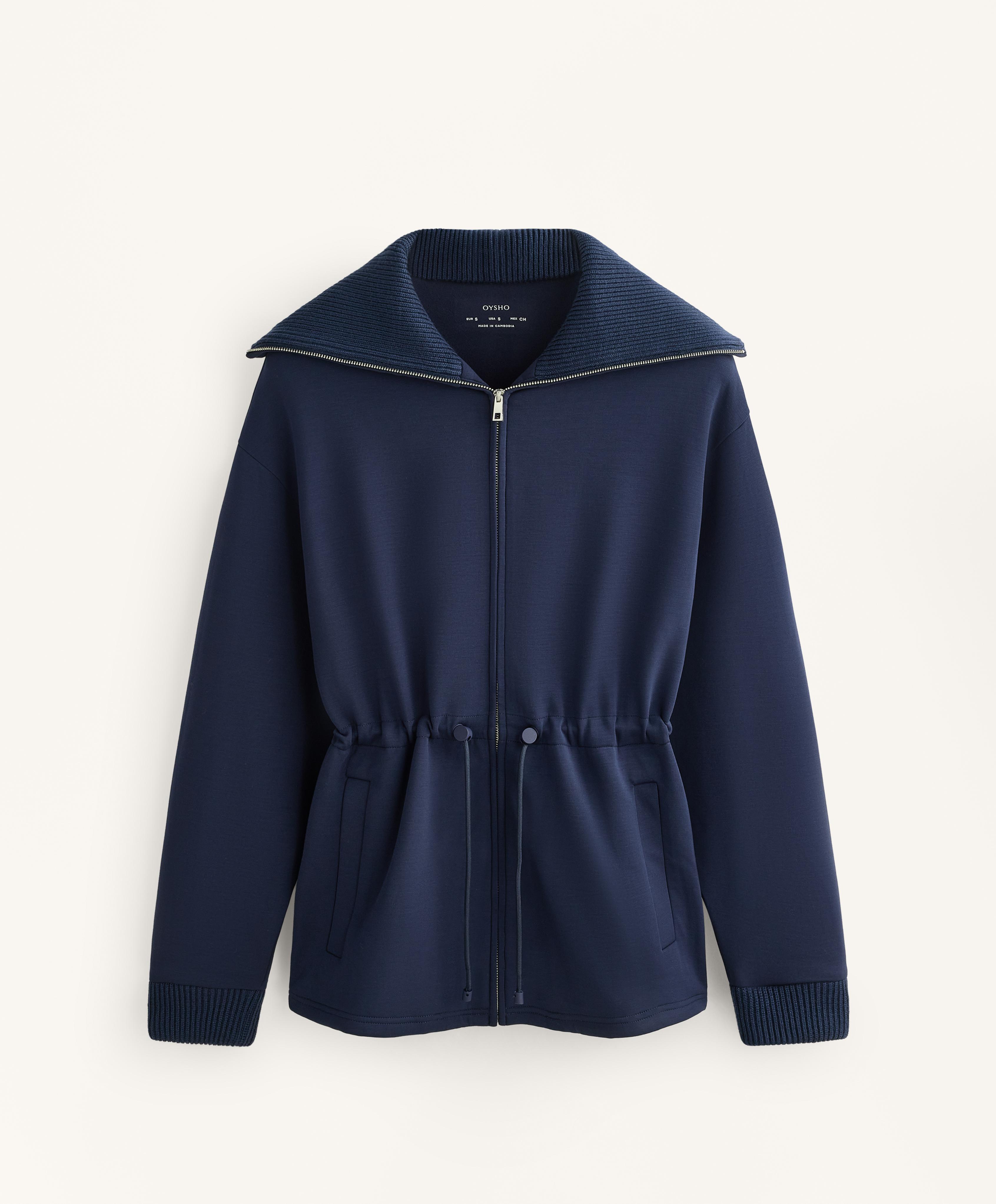 Adjustable waist knit collar jacket with brushed modal — NAVY BLUE