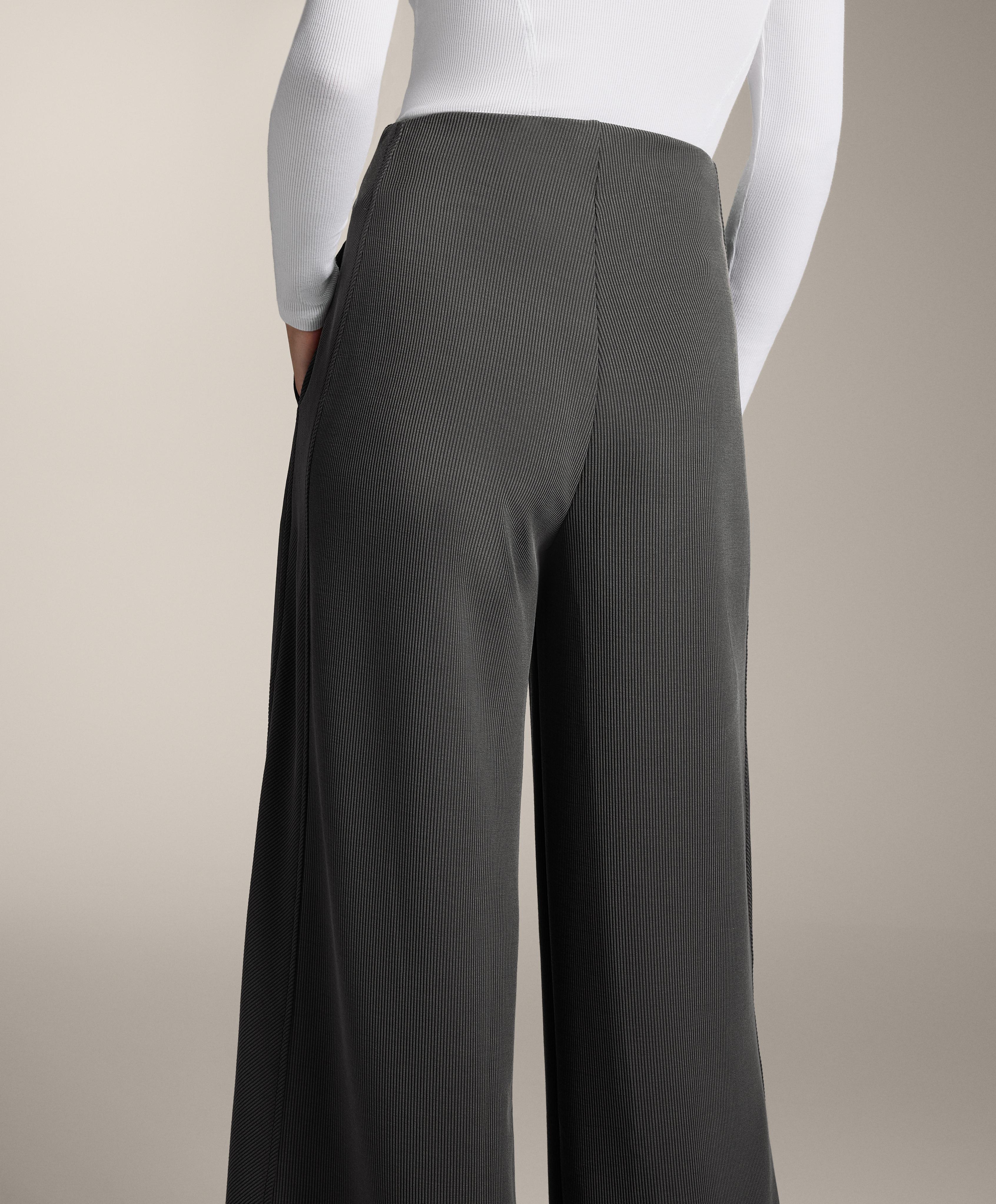 ウェア domingo POLY STRETCH MESH LONG PANTS L Women High Waist Sexy See Through Ruffle Wave Wide Leg