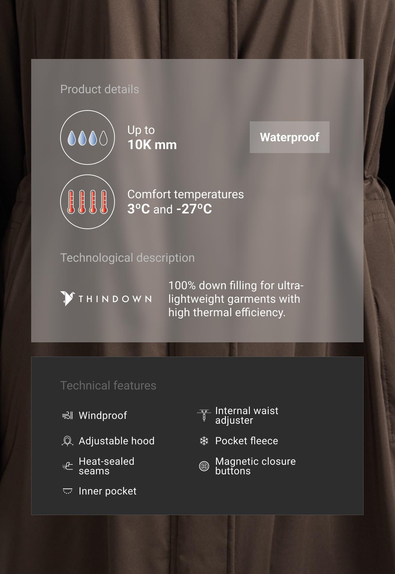 10k Thindown® waterproof super extra-light long padded jacket — BROWN