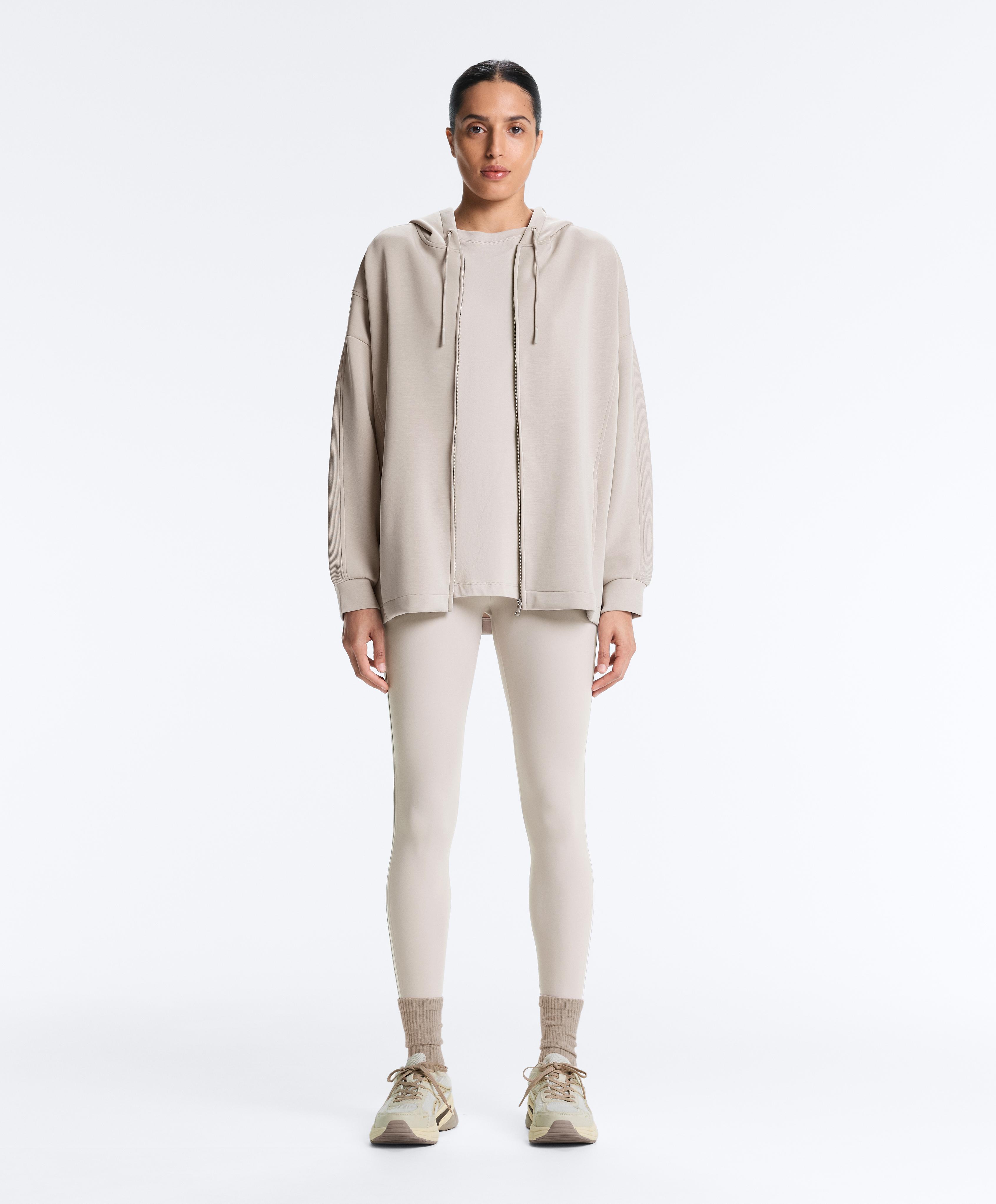 Long hooded jacket with rib details and brushed modal — TAUPE                   