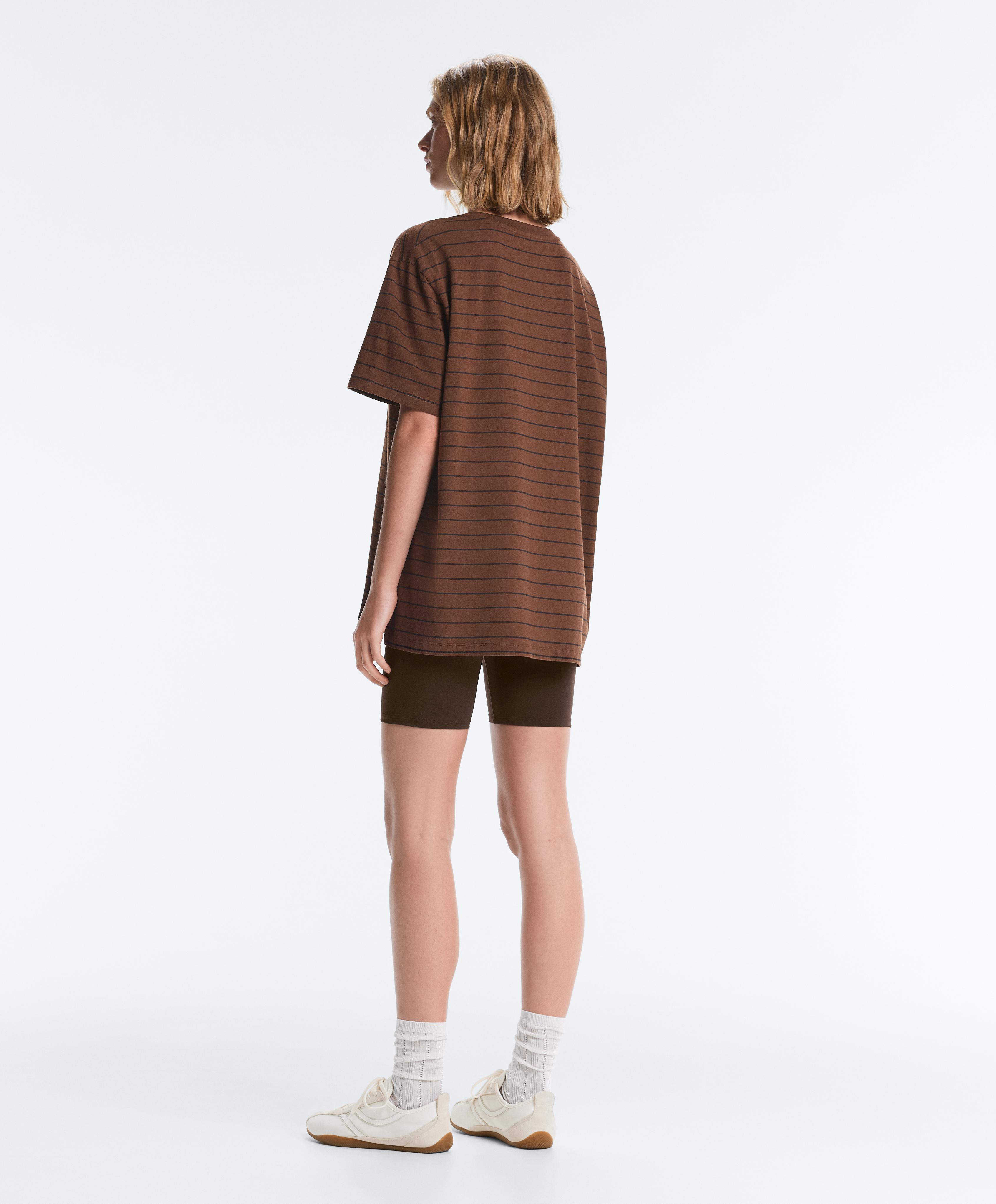 Oversize striped cotton blend short sleeve T-shirt — DARK BROWN
