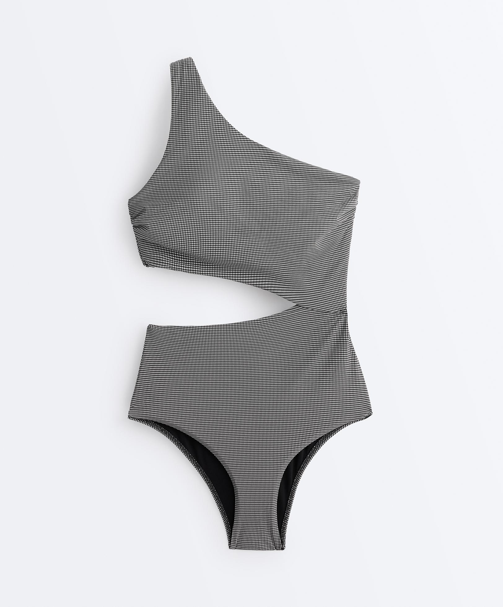 Mini gingham asymmetric trikini — BLACK