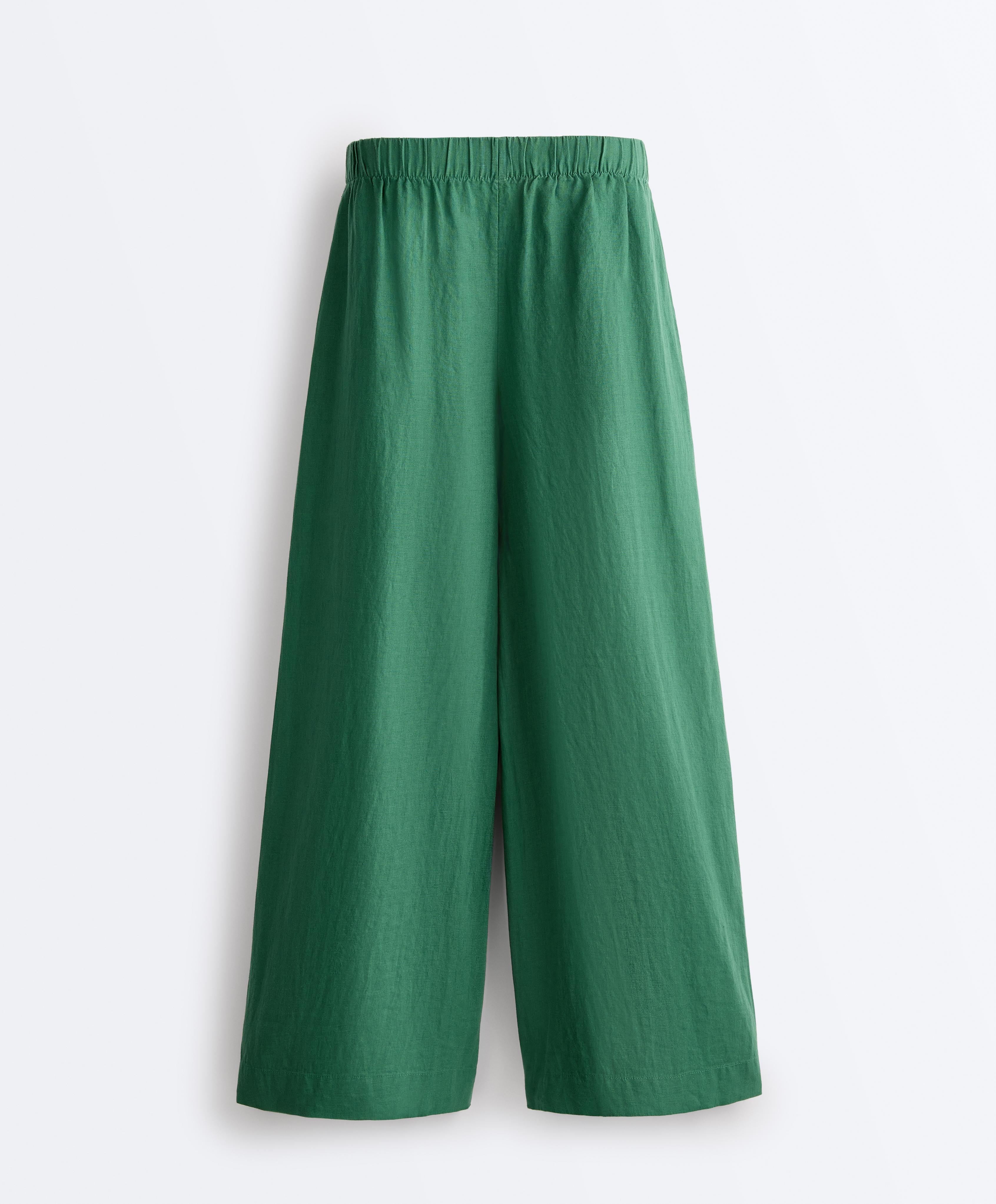 100% linen wide-leg trousers — EMERALD GREEN