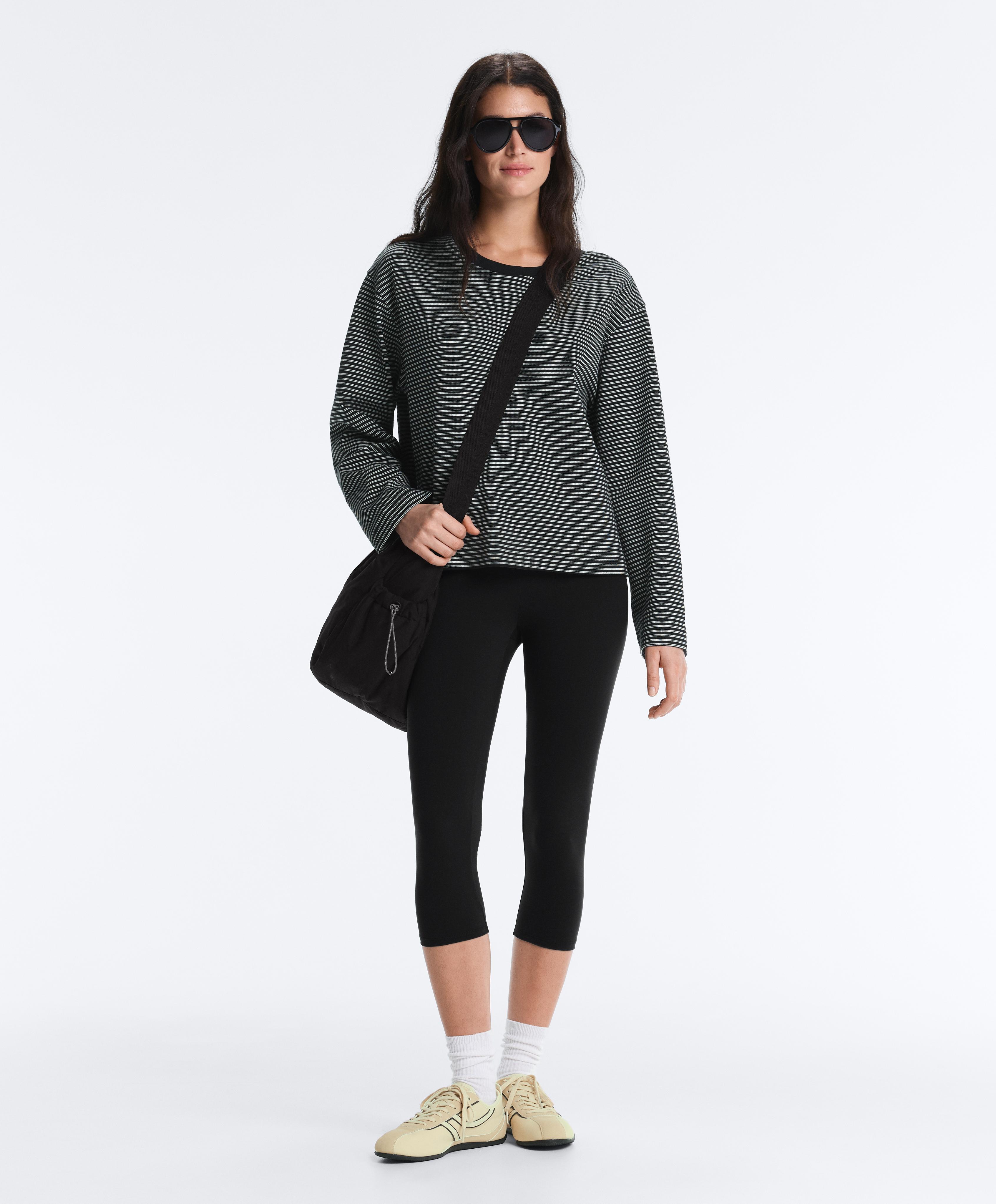 Striped cotton blend long sleeve relaxed T-shirt — BLACK