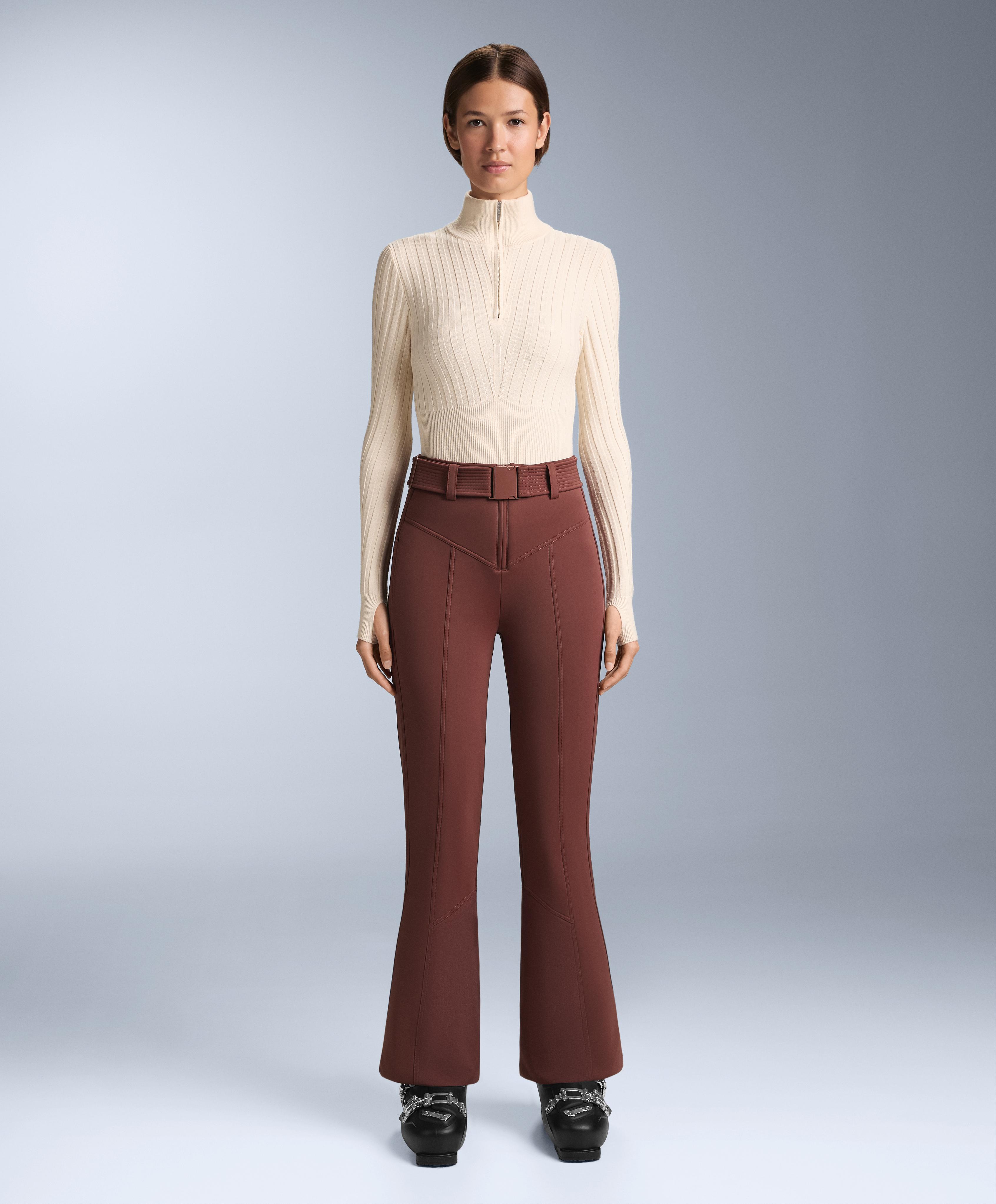 Thermal base layer rib knit T-shirt with peak — ECRU