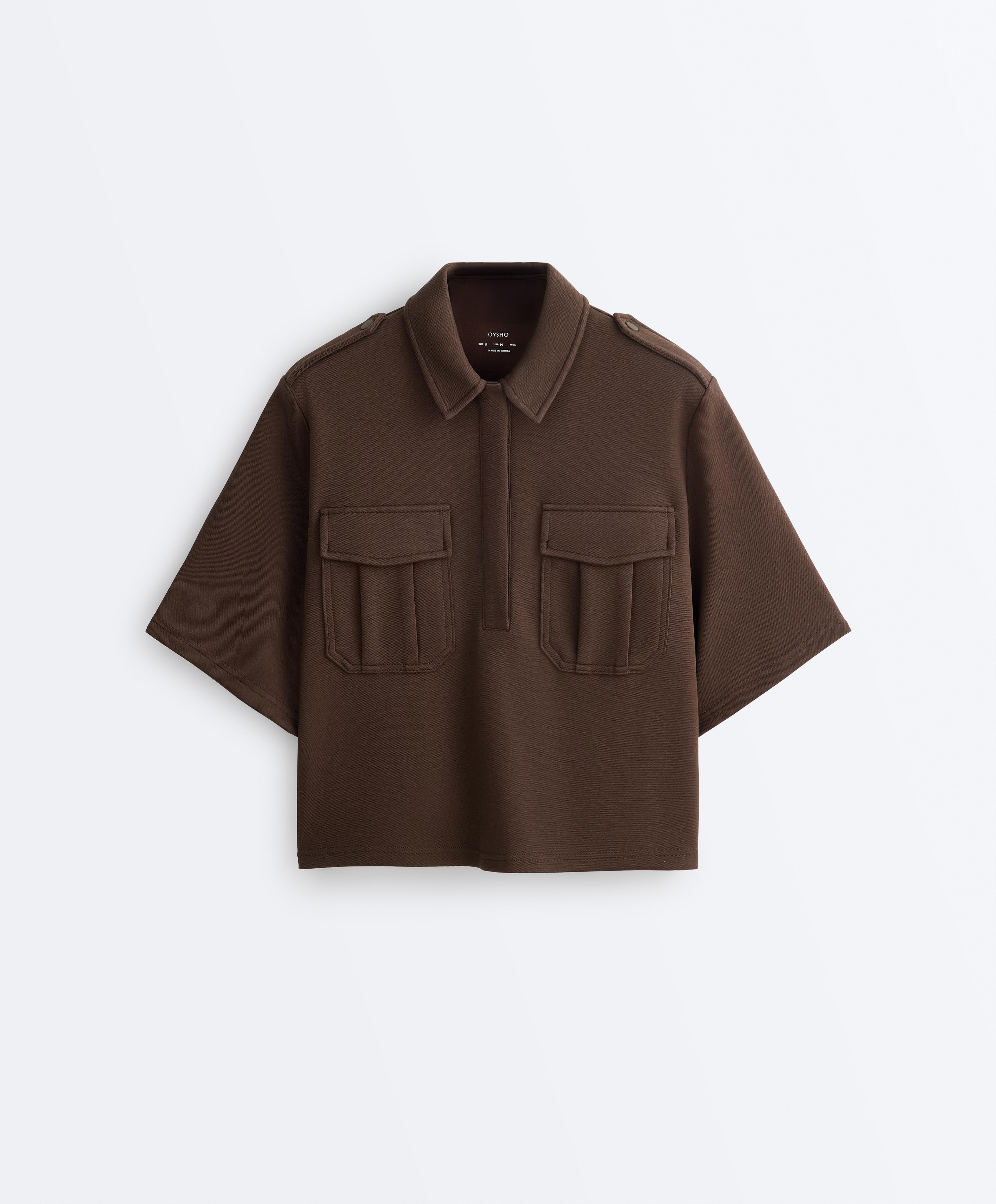 Utility short-sleeve sweatshirt with cotton piqué — DARK BROWN