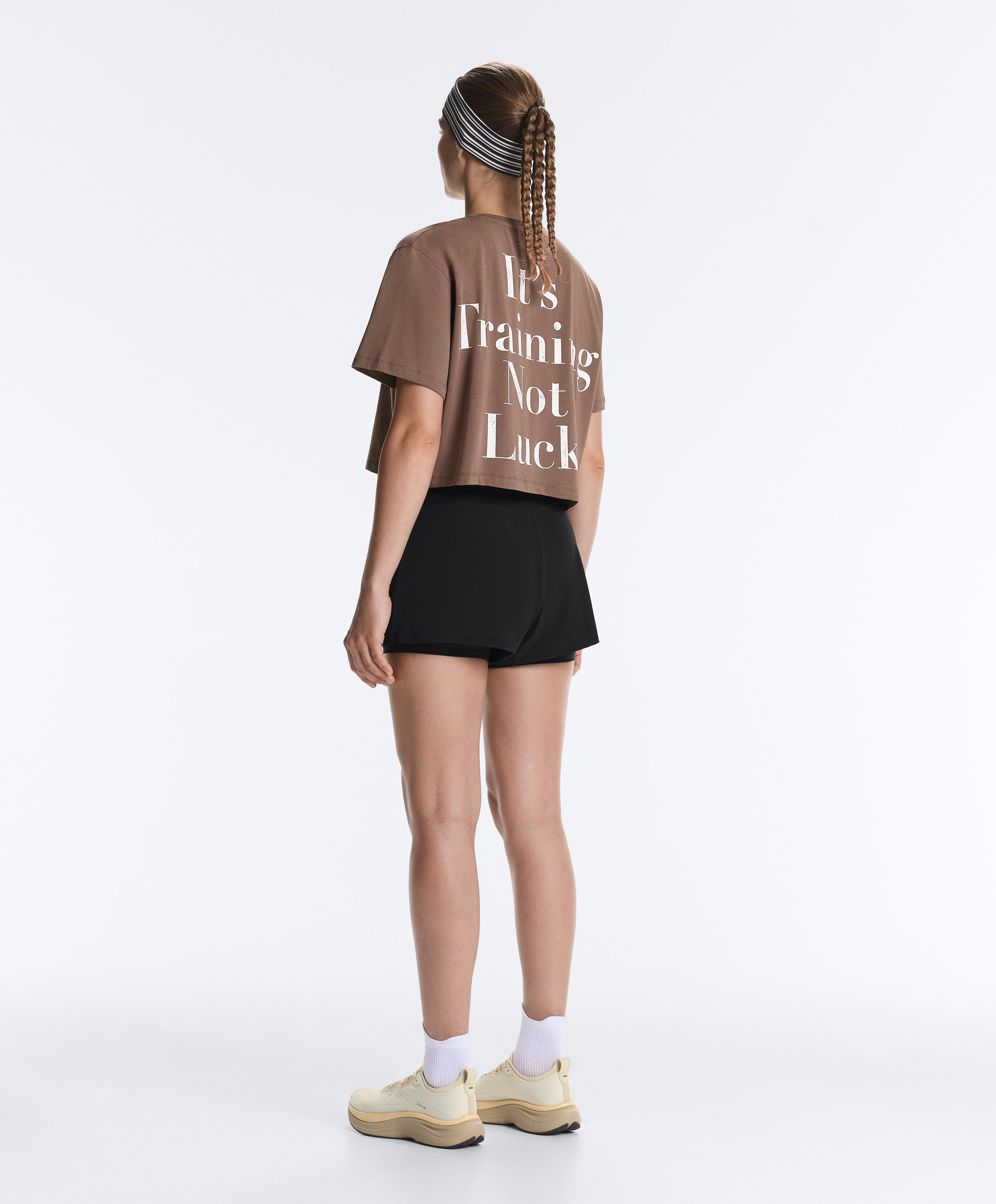 Boxy cropped cotton blend slogan T-shirt — BROWN