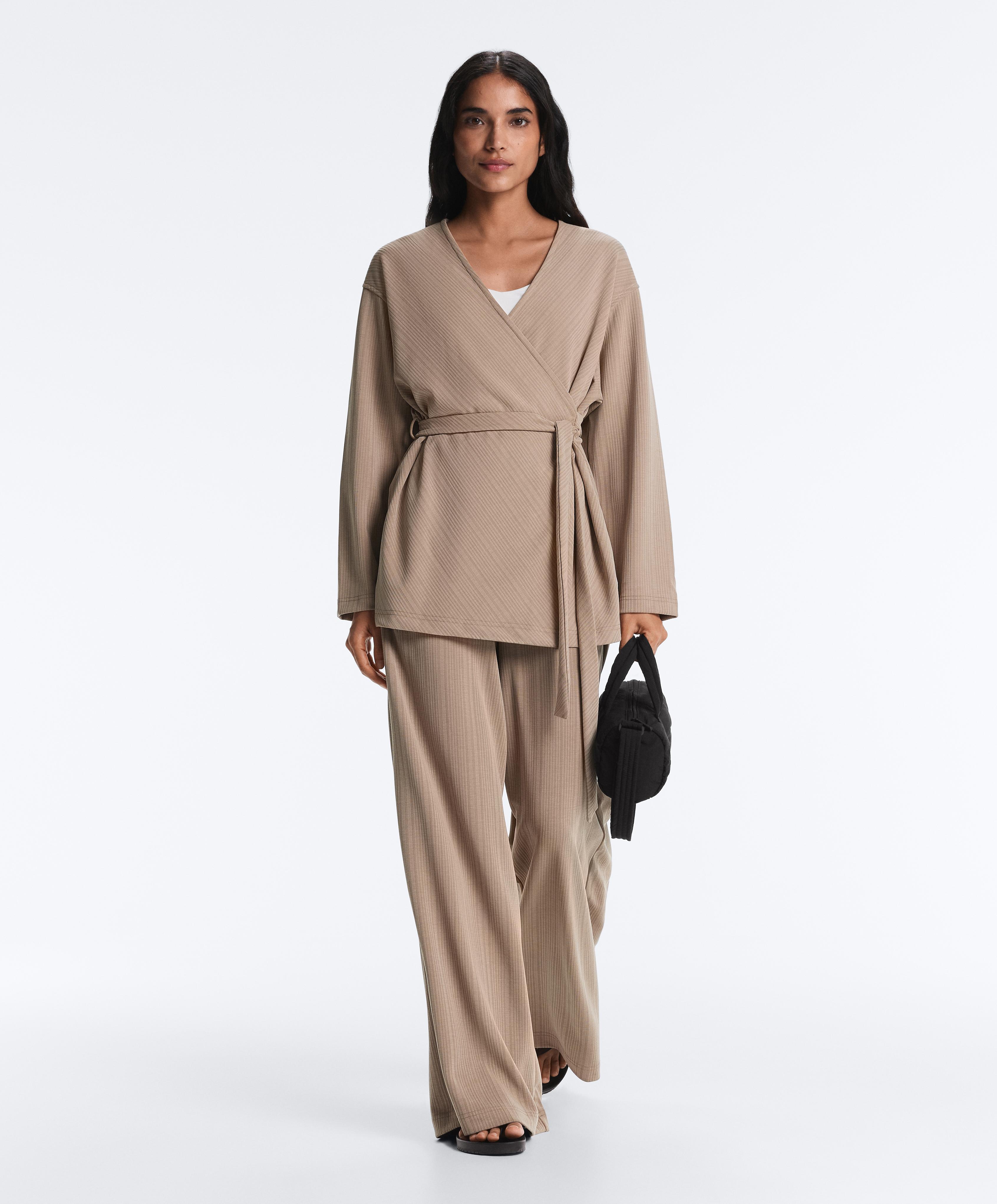 Long asymmetric stripe jacket with modal — DARK TAUPE