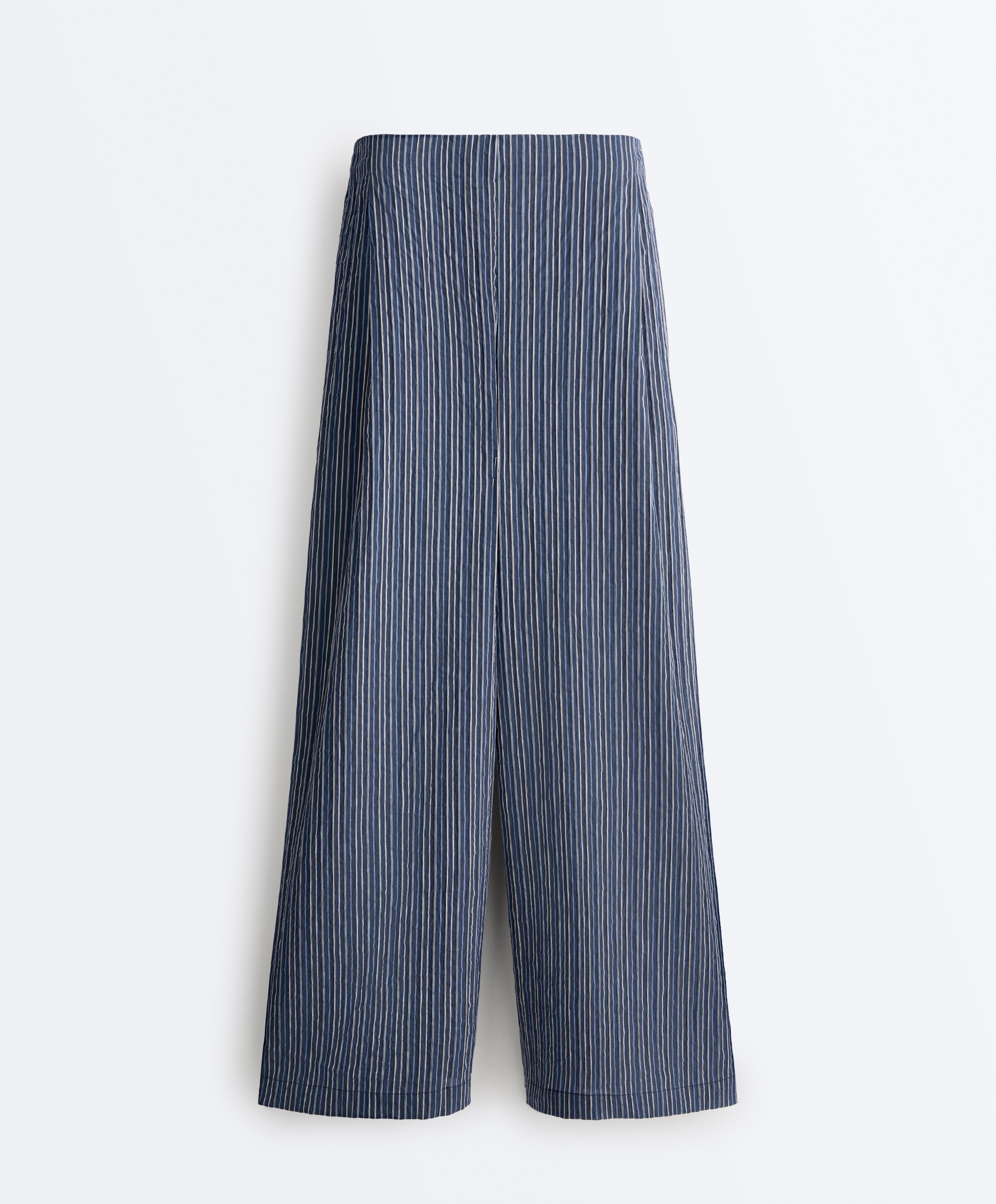 Wide leg cotton blend stripe trousers — DARK NAVY