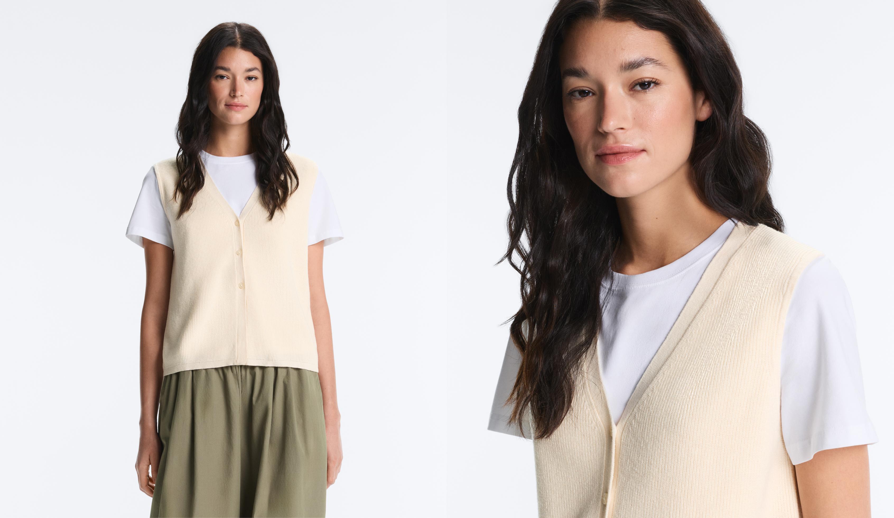 Cotton blend V-neck knit cardigan — ECRU