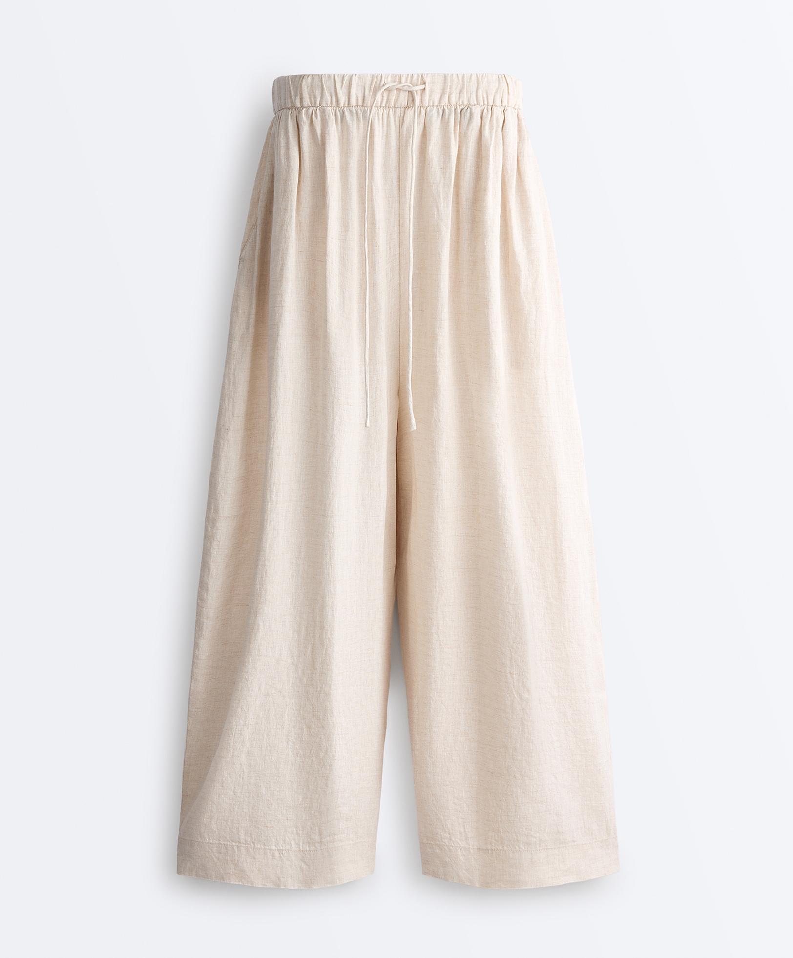 100% linen crop balloon trousers — SAND MELANGE