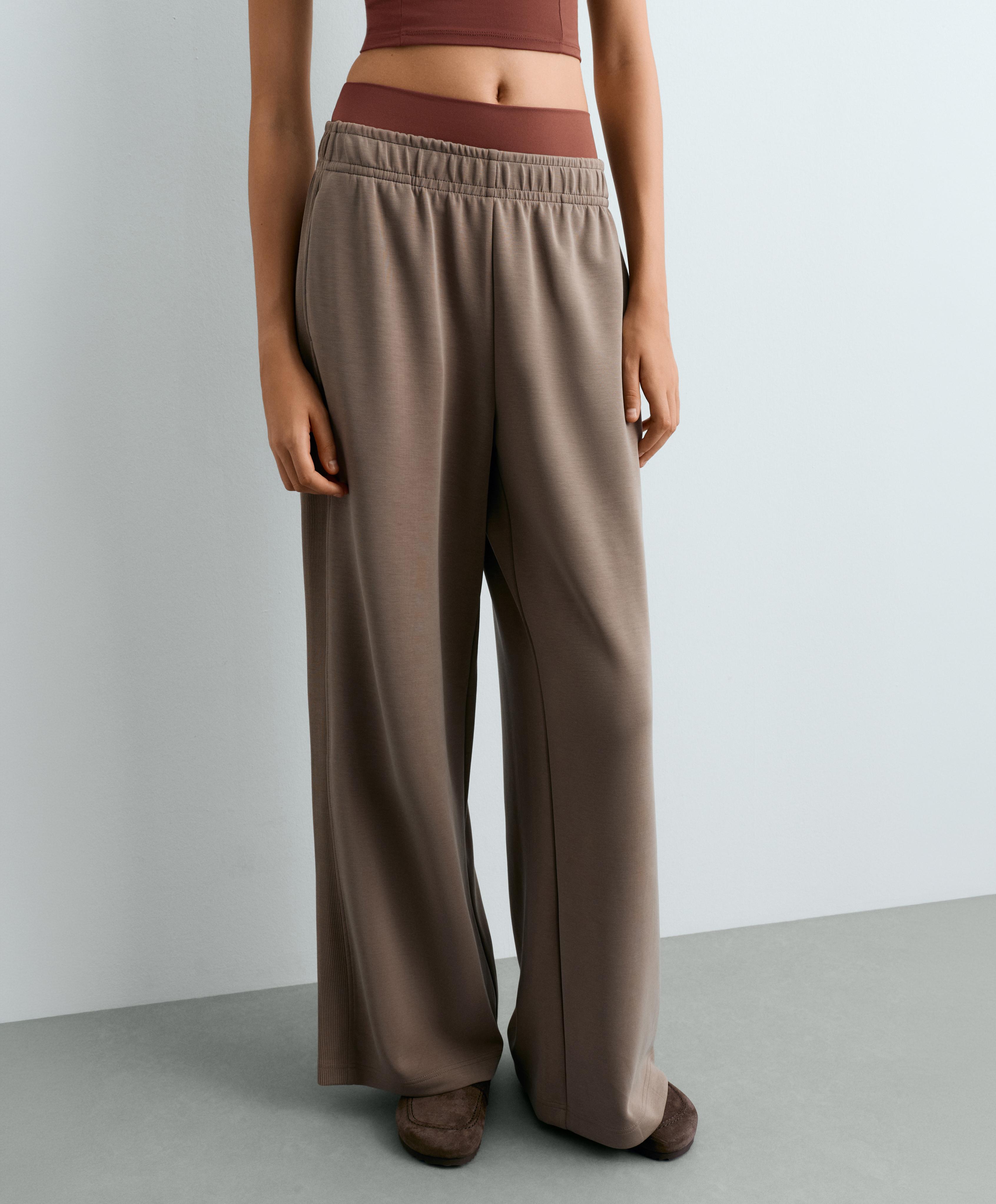 Soft-touch modal wide straight-leg rib trousers — MINK