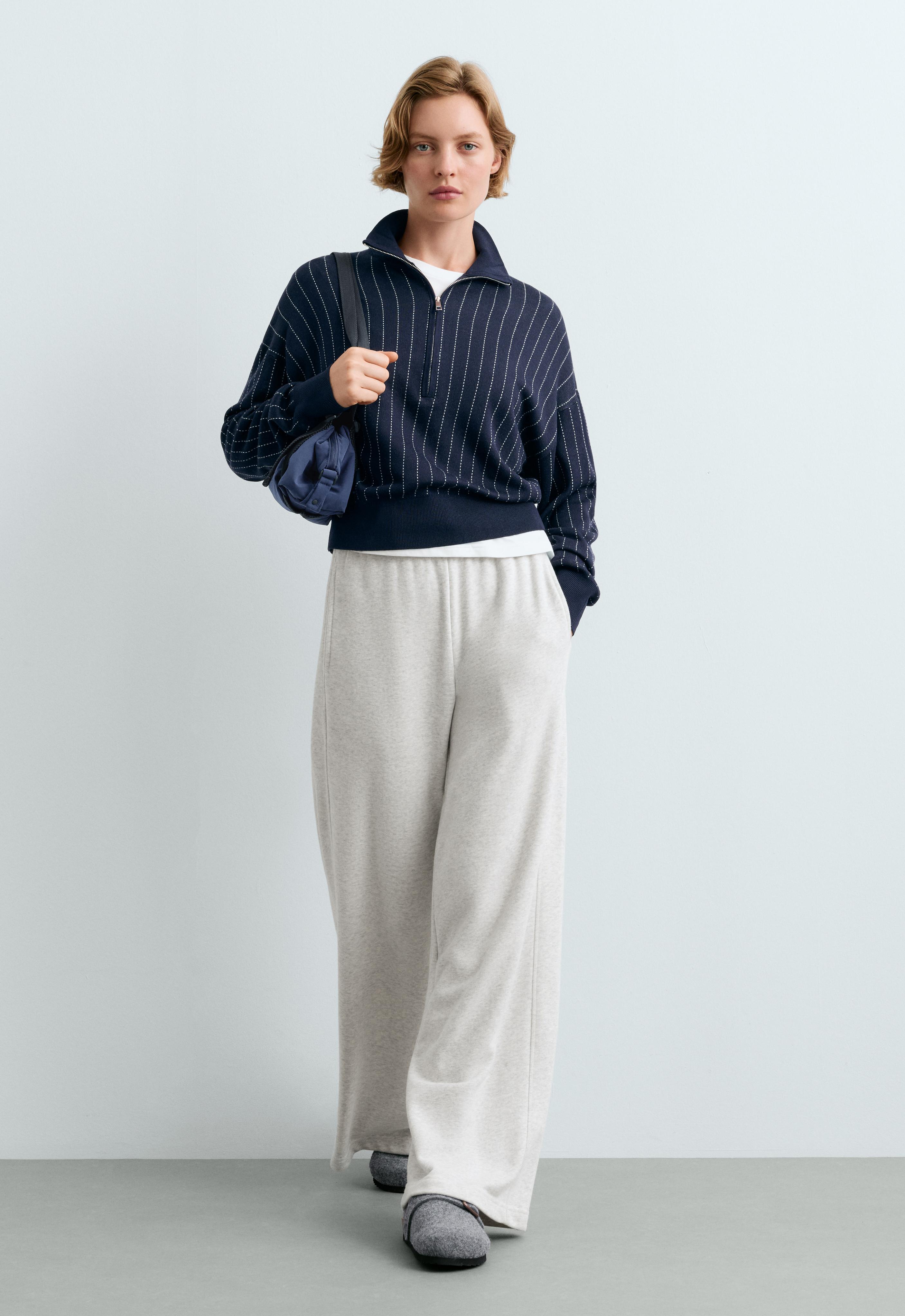 Gebreide sweater met halve rits en krijtstreep